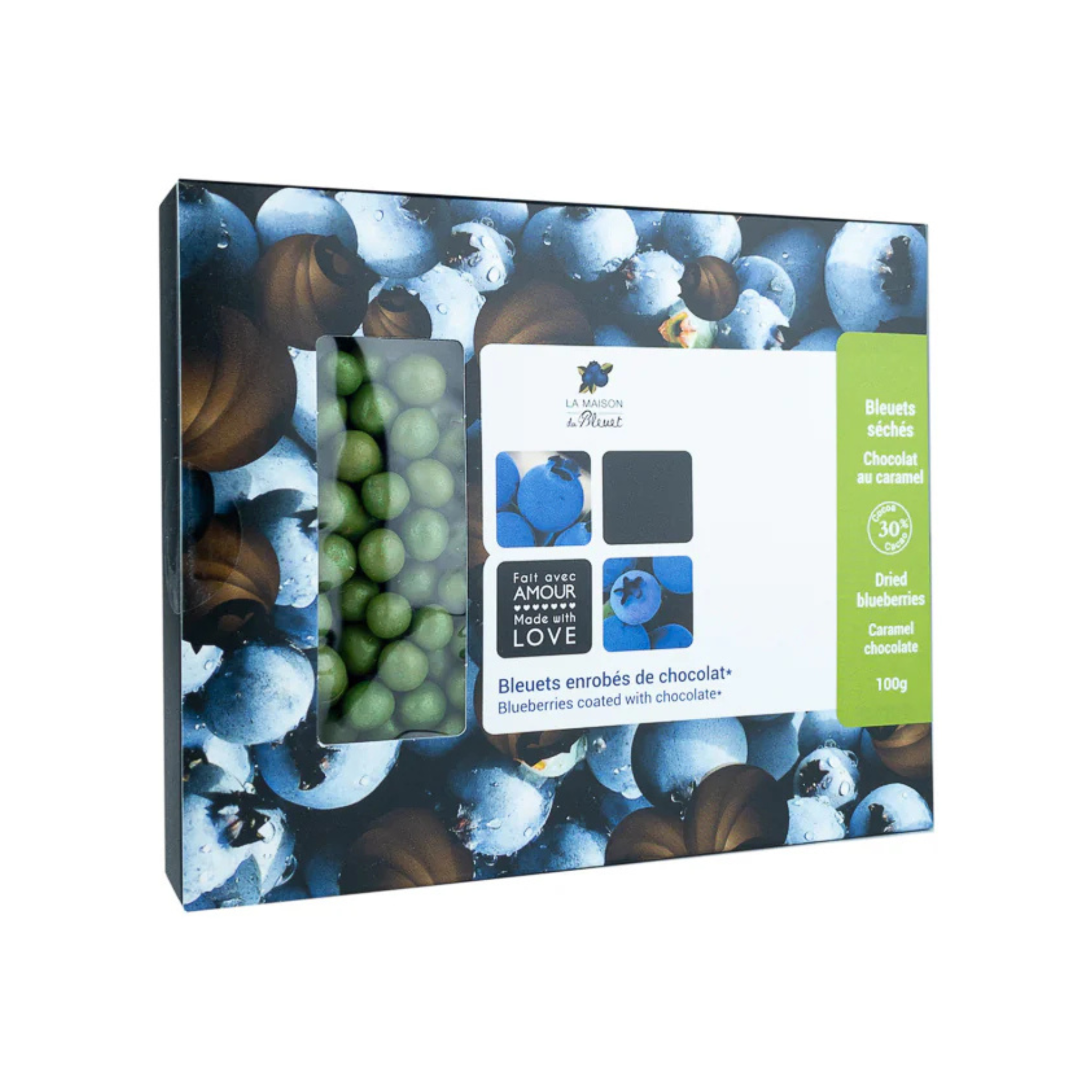 Bleuets sauvages séchés enrobés de chocolat au caramel 100g - La Maison du Bleuet