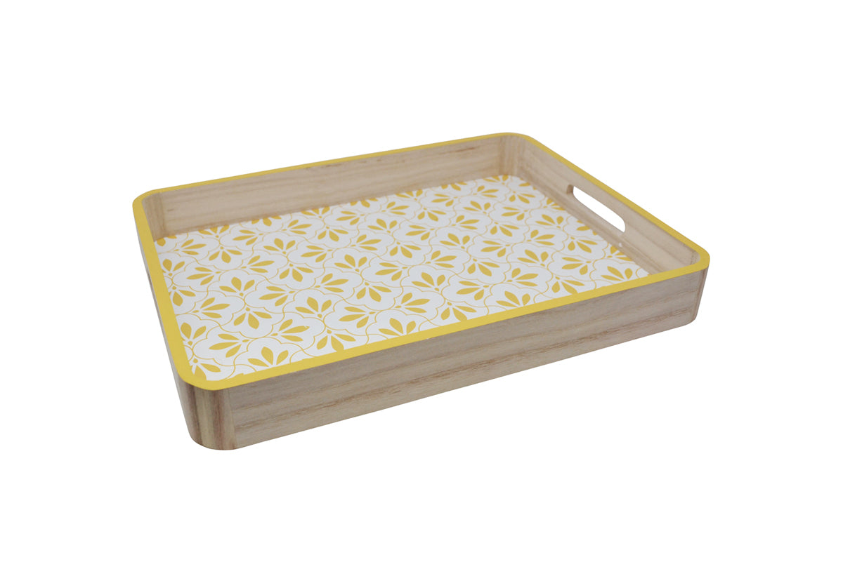 Plateau de service en bois design floral jaune et blanc