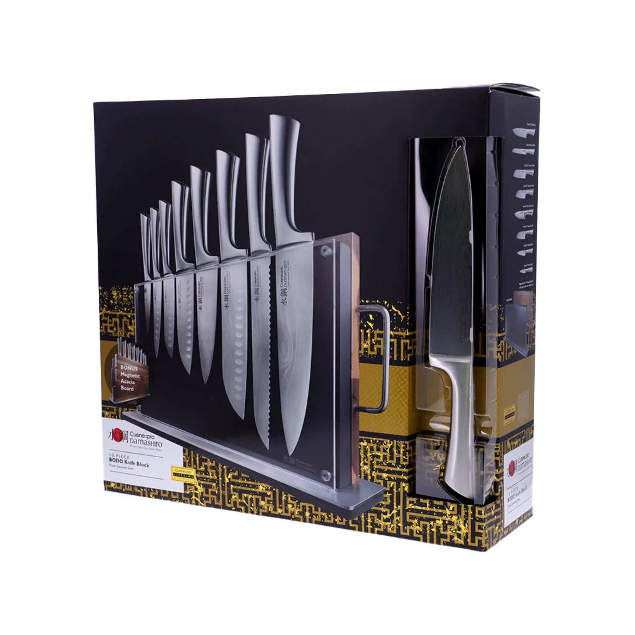 Bloc de couteaux Bodo Damashiro® 10 pièces avec planche à découper en bois d’acacia