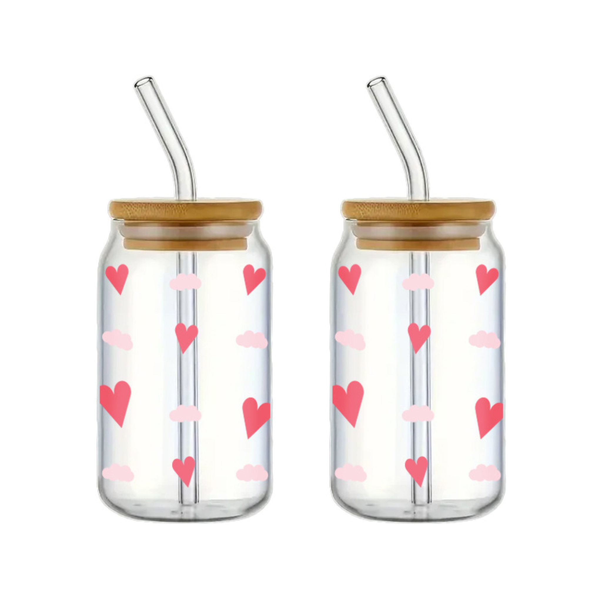 Ensemble de 2 verres à motif de cœurs avec couvercle et paille 350ml