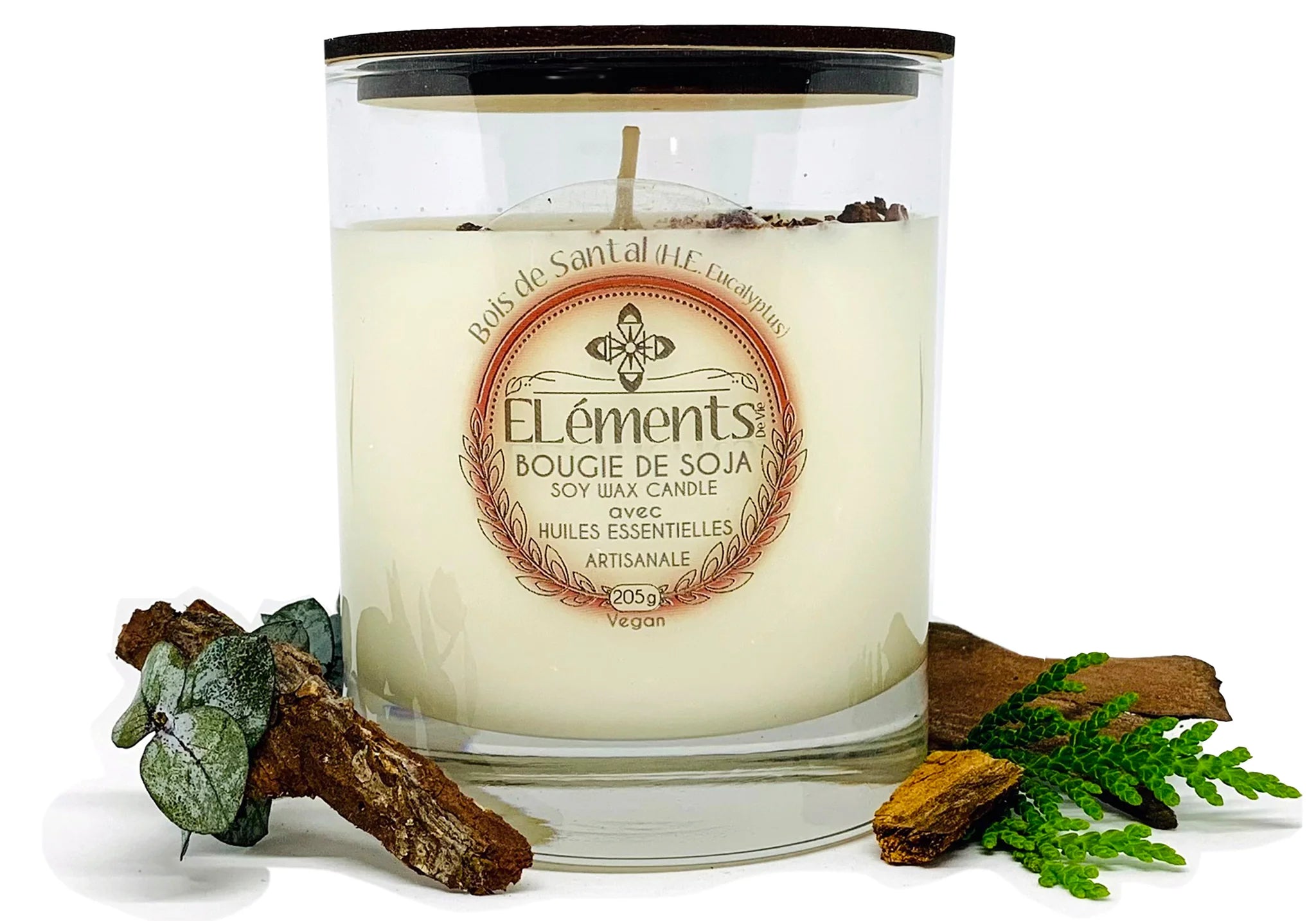 Chandelle de soja Bois de Santal 205g - Éléments de vie