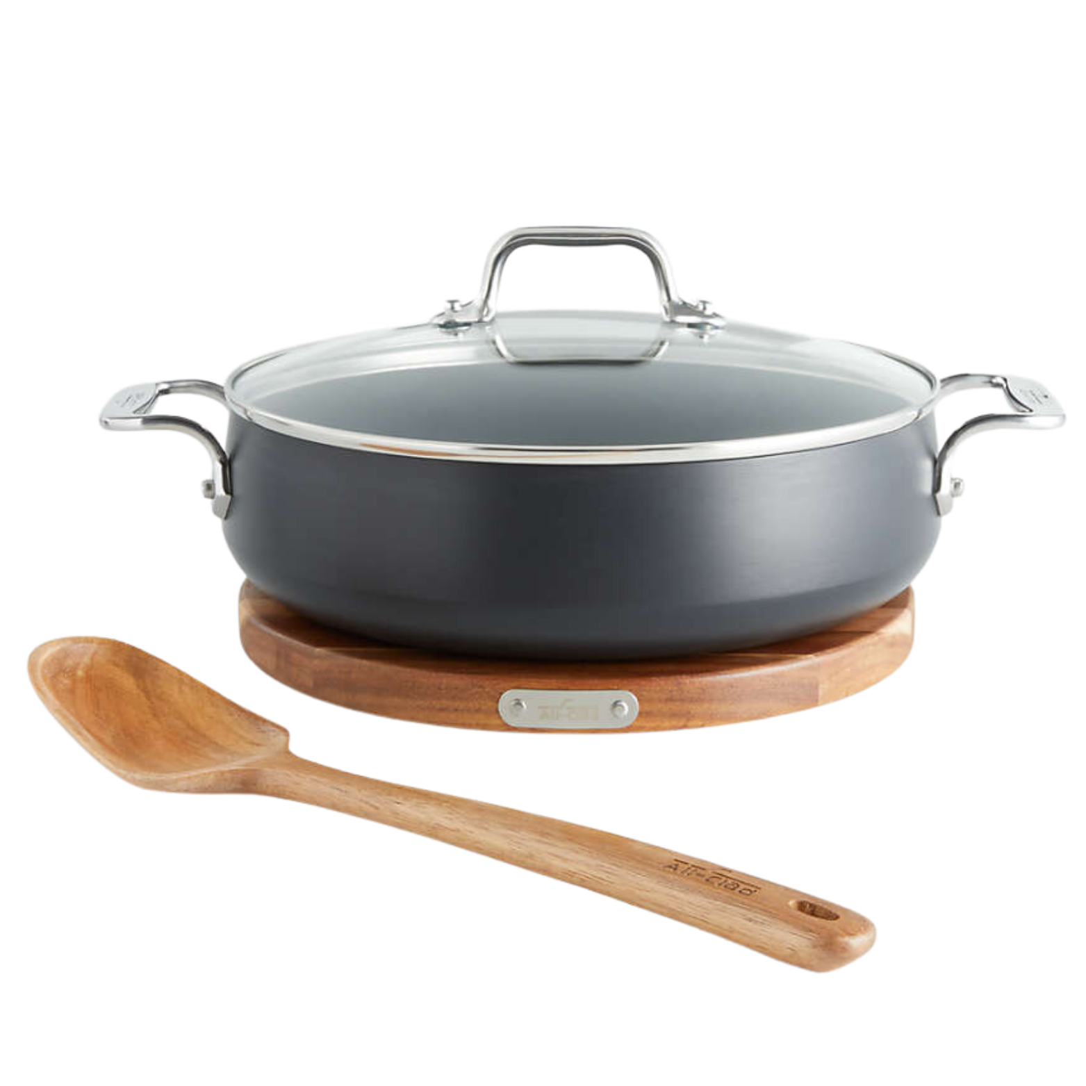 Ensemble de sauteuse antiadhésive 4L avec cuillère et plateau en bois d'acacia All-Clad
