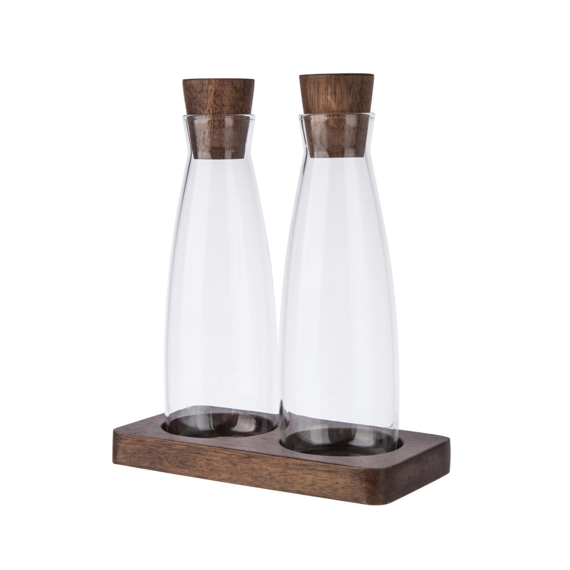 Set of 2 bottles for oil and vinegar on acacia board