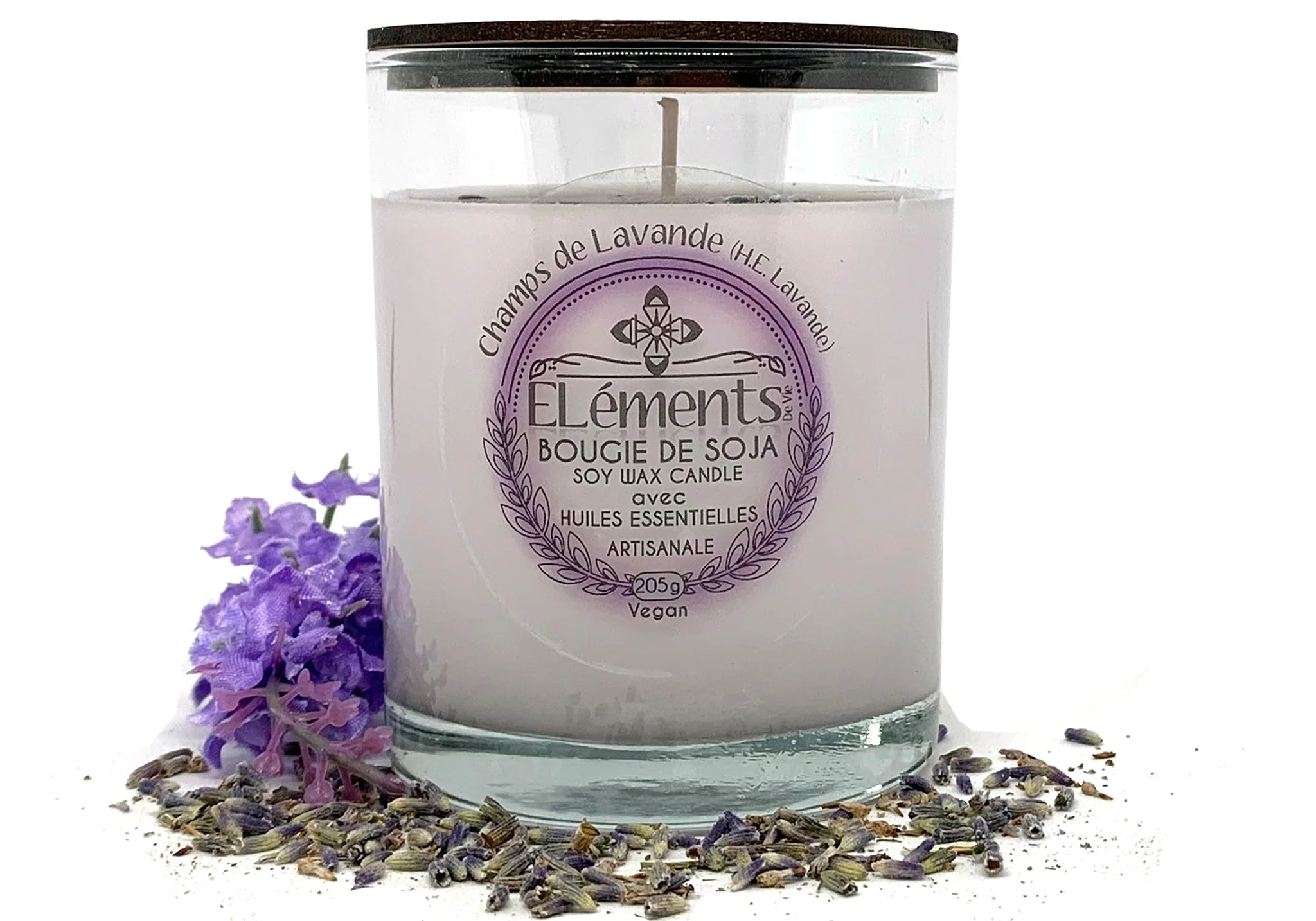 Chandelle de soja Champs de lavande 205g - Éléments de vie