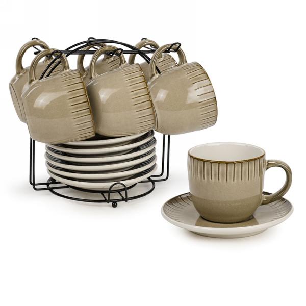 Ensemble de support et 6 tasses avec soucoupes Beige