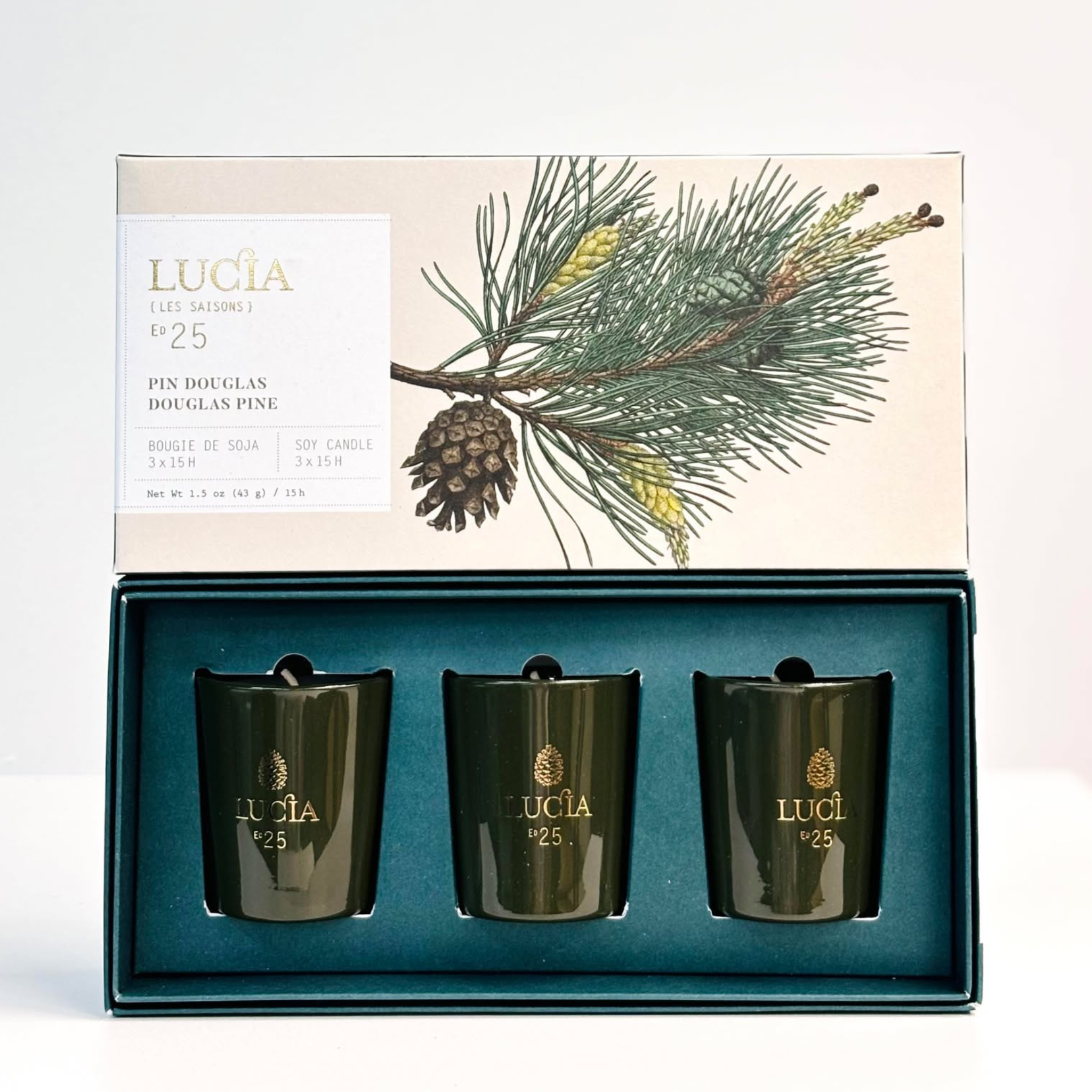 Trio de chandelles de soja Pin Douglas 43 g - Lucia