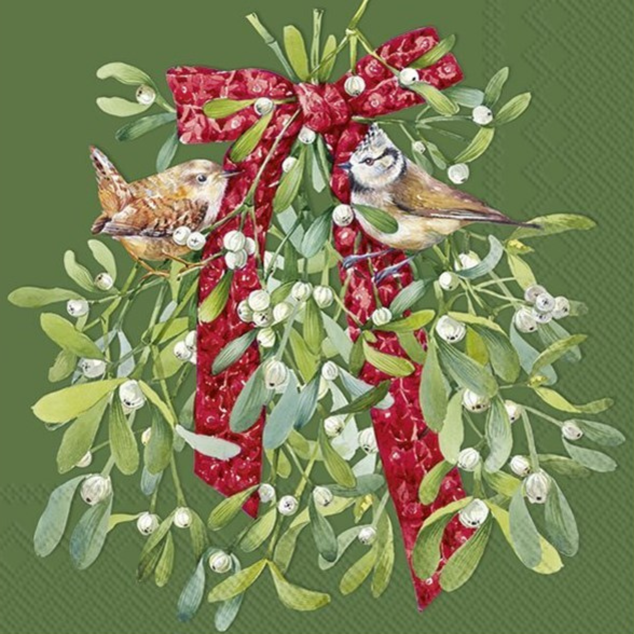 Ensemble de 20 serviettes en papier Oiseaux dans le gui vert