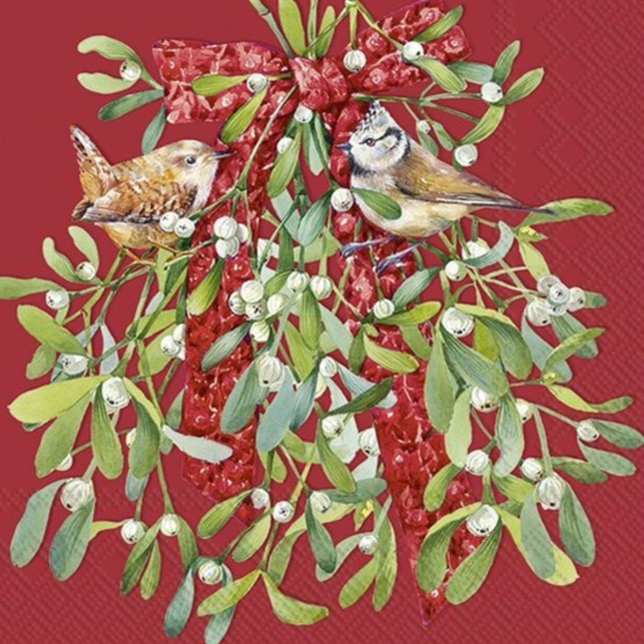 Ensemble de 20 serviettes en papier Oiseaux dans le gui rouge