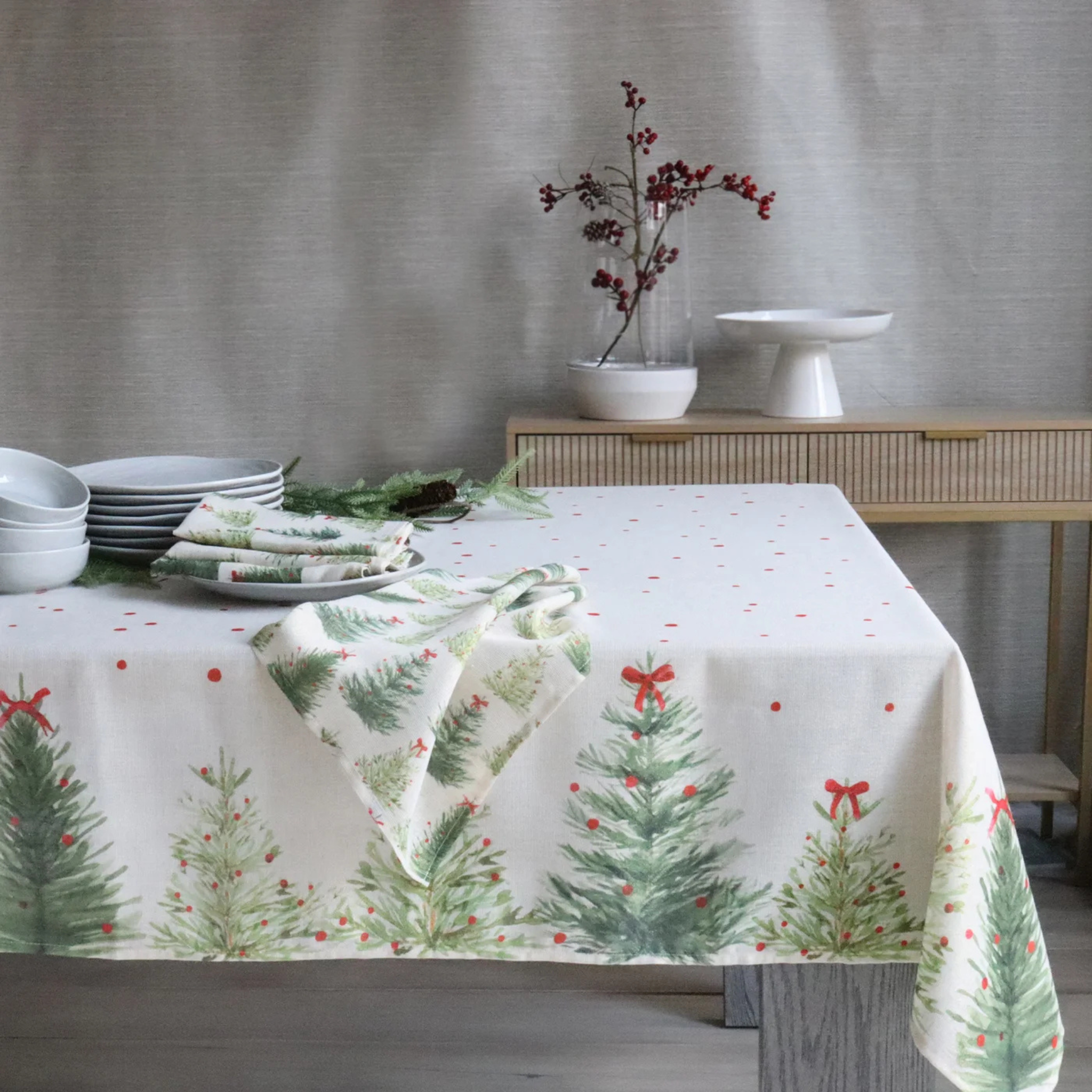Nappe des Fêtes sapins en lin 60 x 108 po