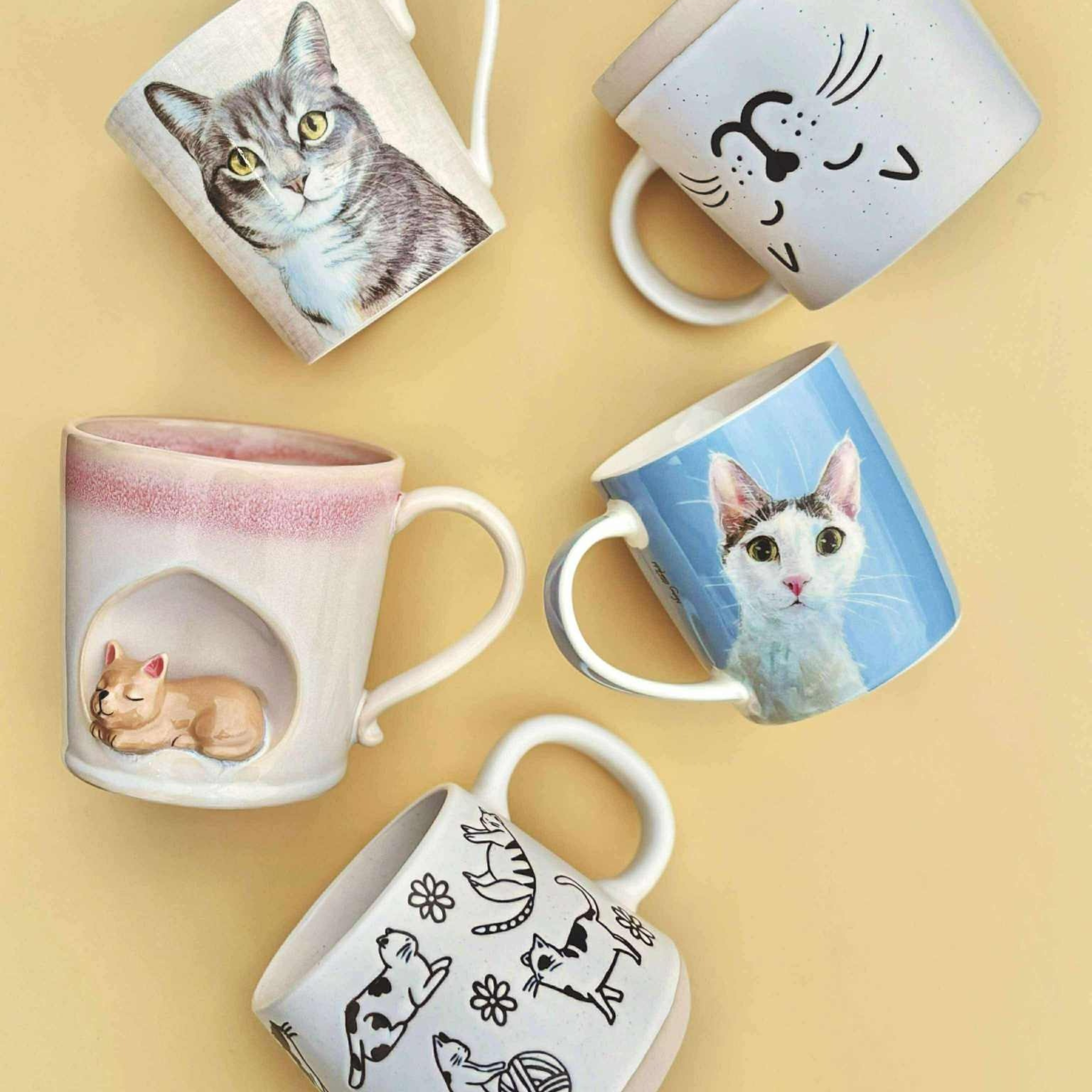 Tasse surdimensionnée beige avec dessins de chats 500 ml