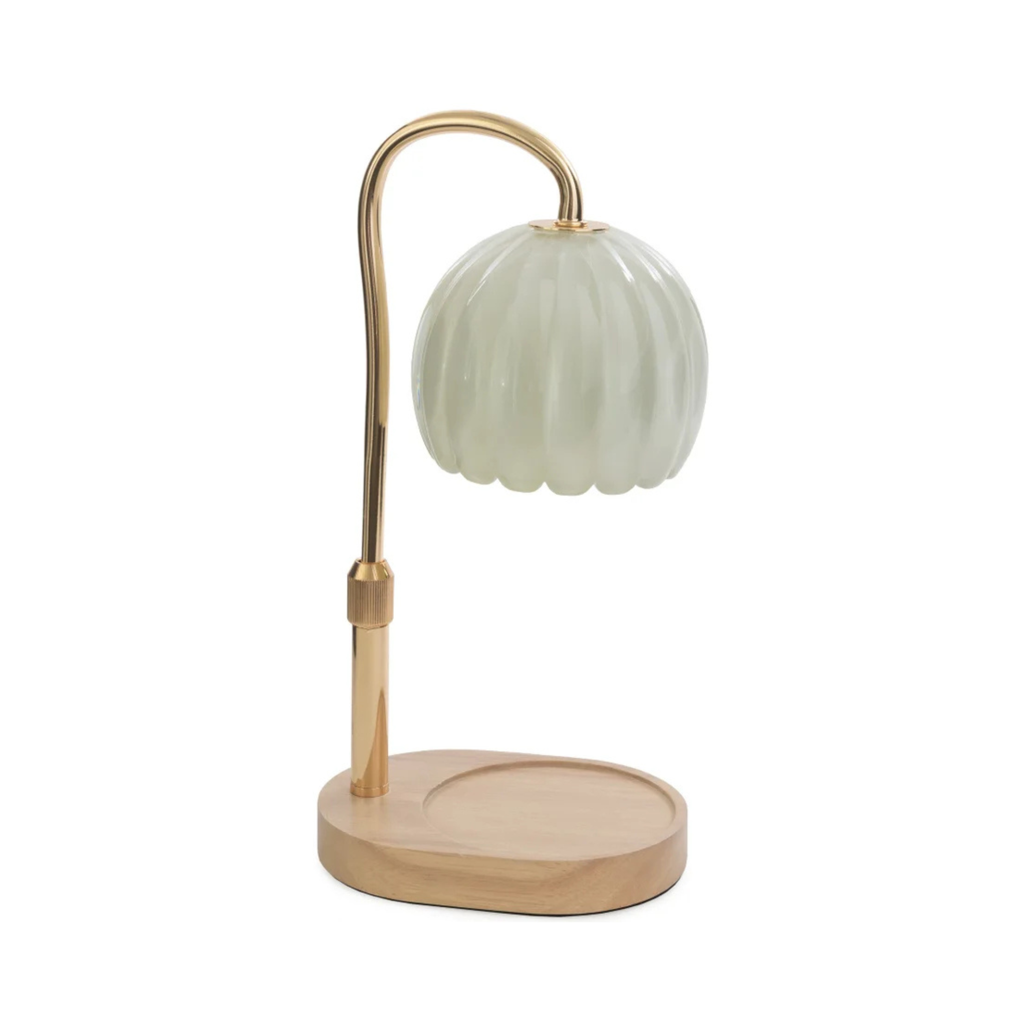 Lampe chauffe-bougie en verre or et bois