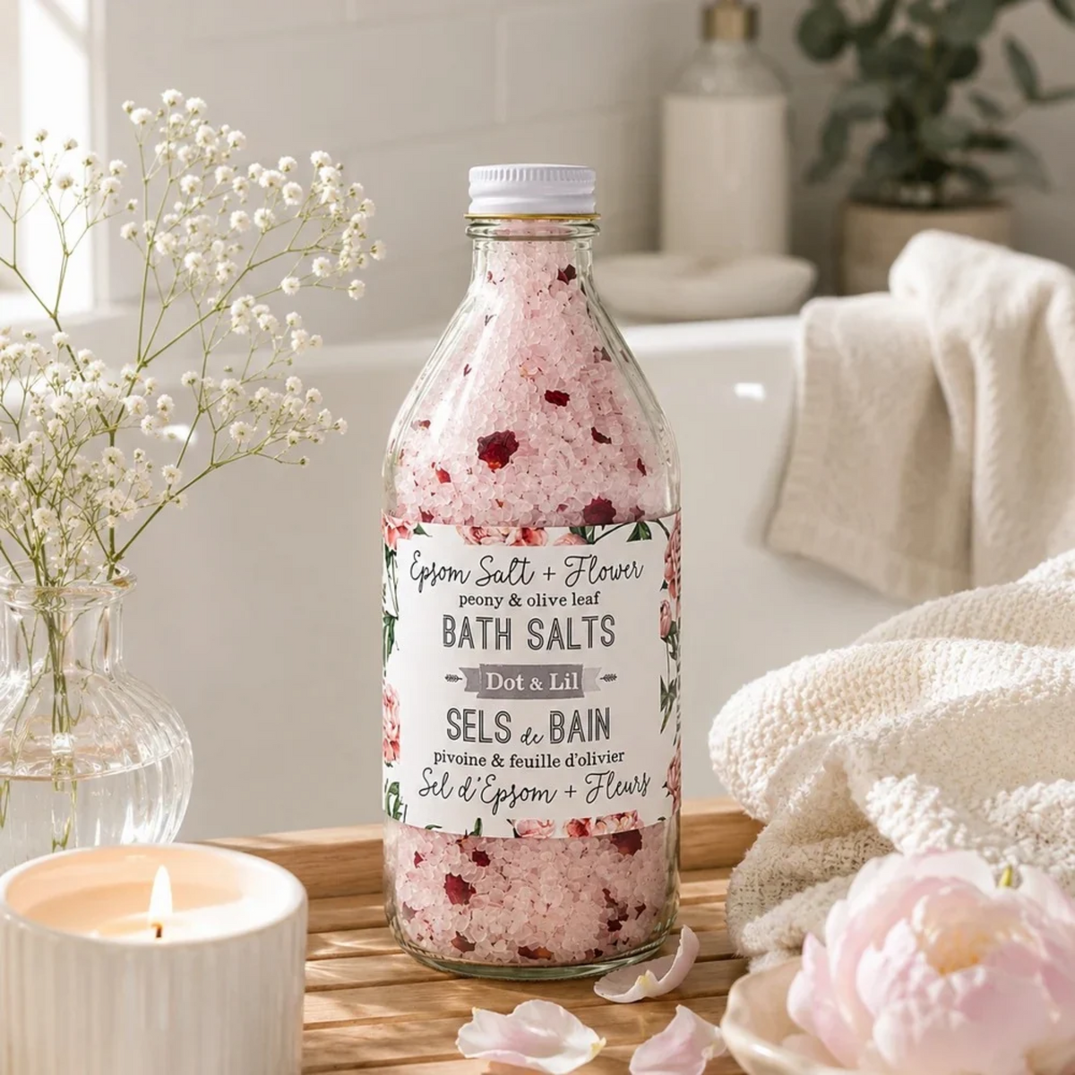 Peony and Olive Leaf Bath Salt 470 g - Dot & Lil