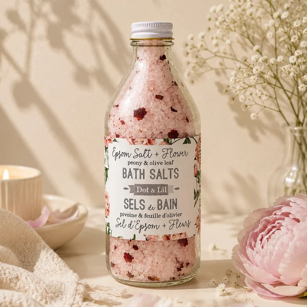 Peony and Olive Leaf Bath Salt 470 g - Dot & Lil