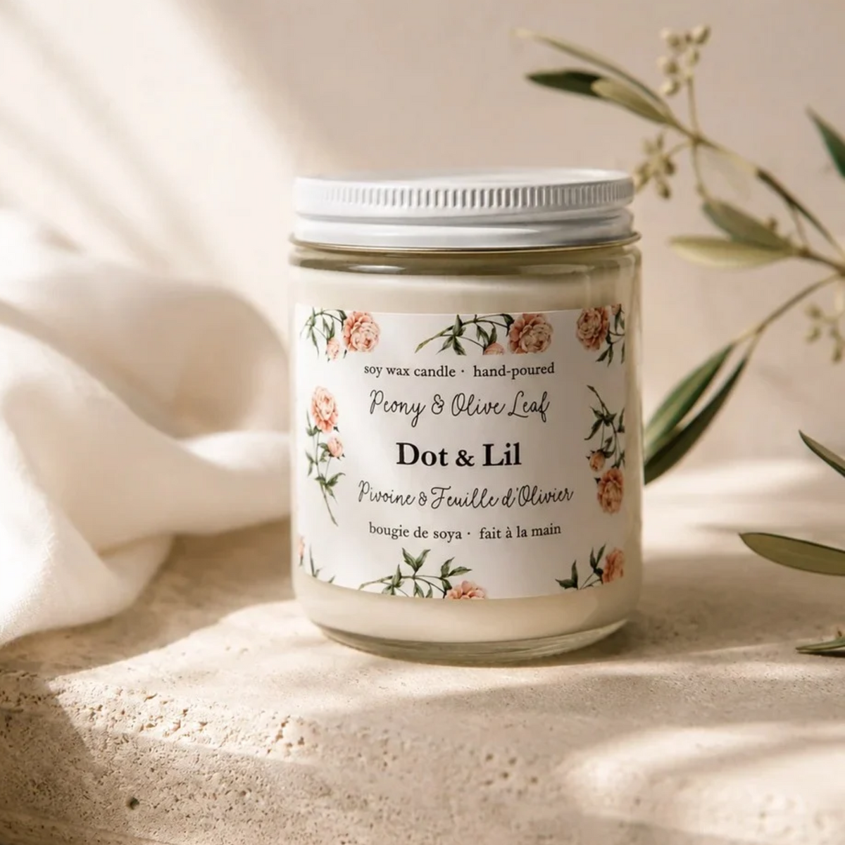 Peony and Olive Leaf Soy Candle 204 g - Dot & Lil
