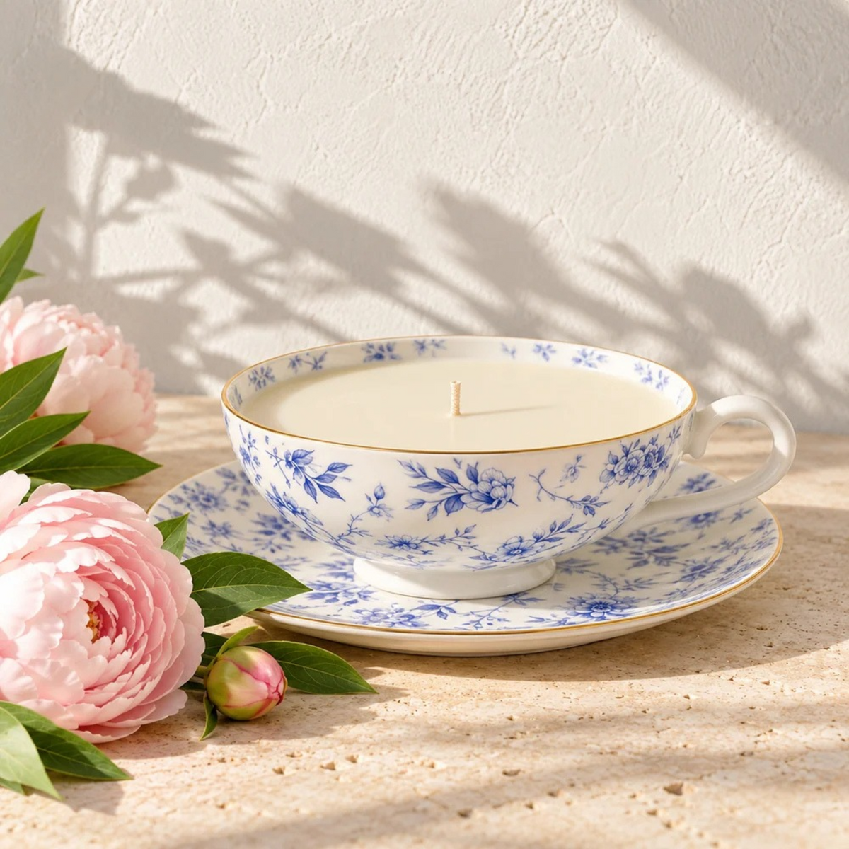 Peony and Olive Leaf Teacup Candle - Dot & Lil