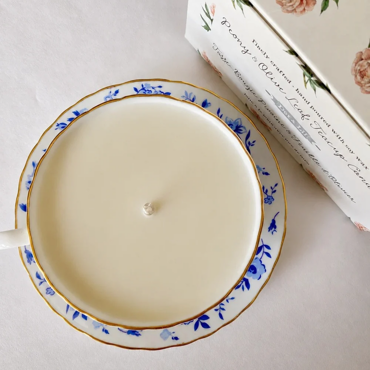 Peony and Olive Leaf Teacup Candle - Dot & Lil