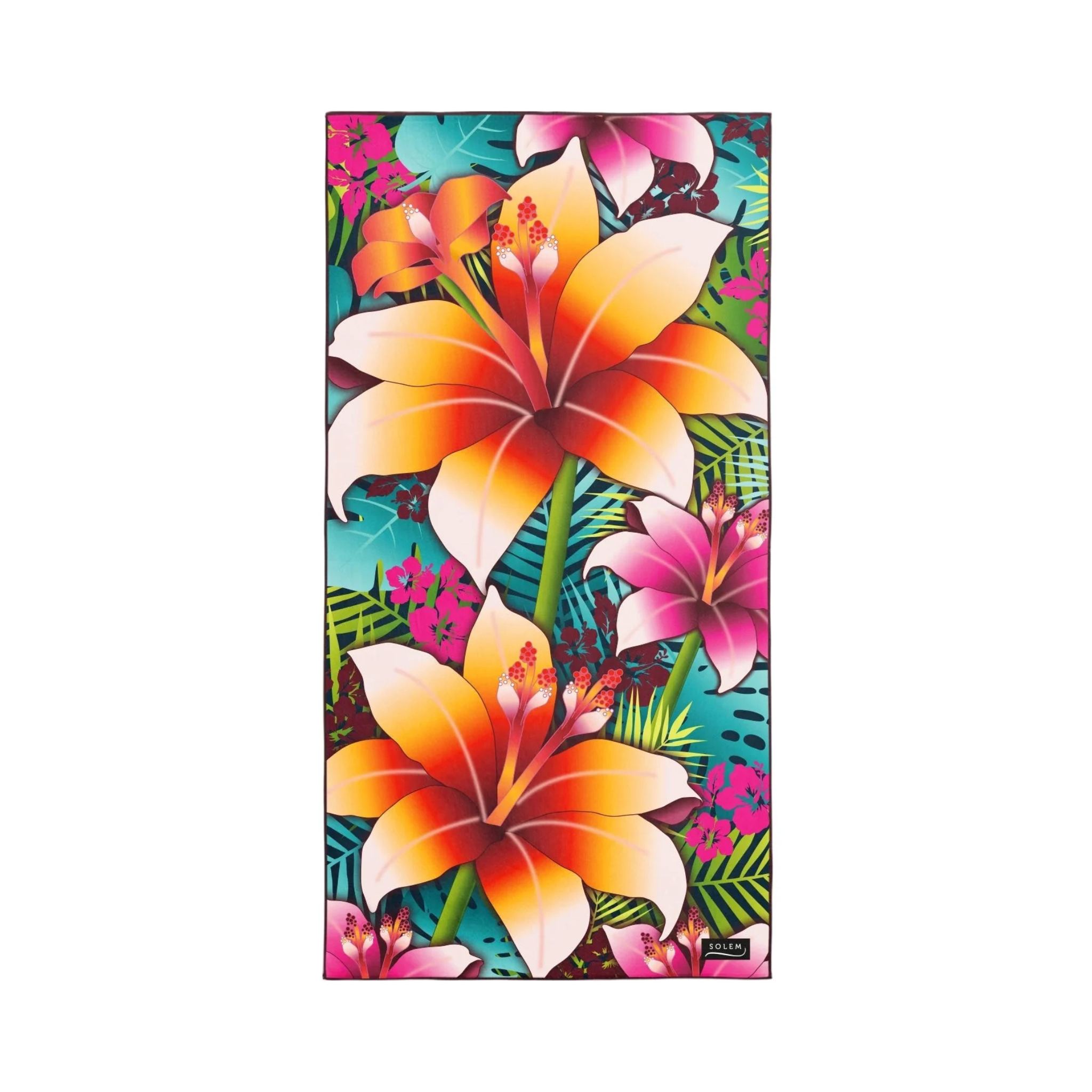 Serviette de plage en microfibre réversible Fleurs de Tahiti XL avec pochette anti-sable Solem