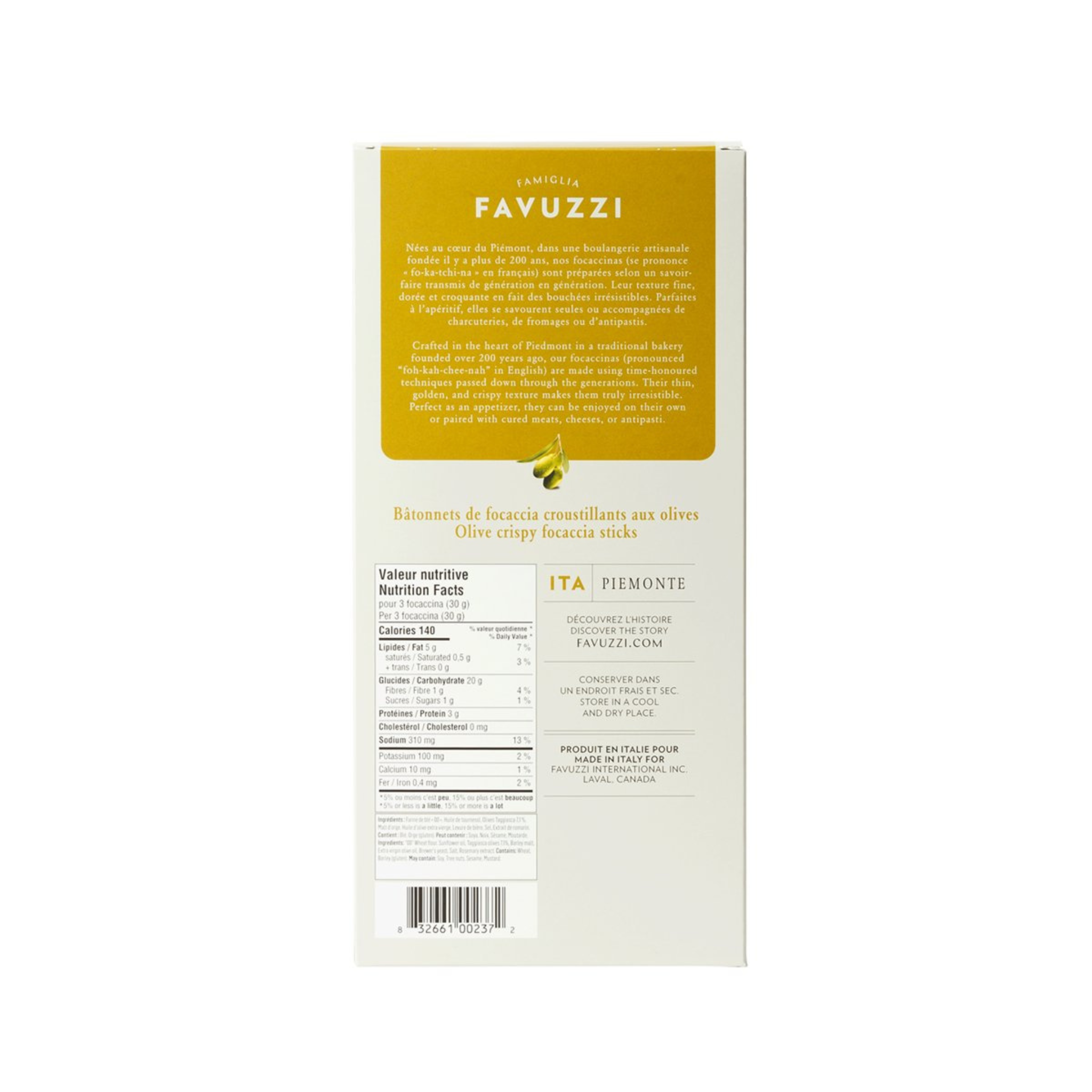 Bâtonnets de focaccia croustillants aux olives - Favuzzi