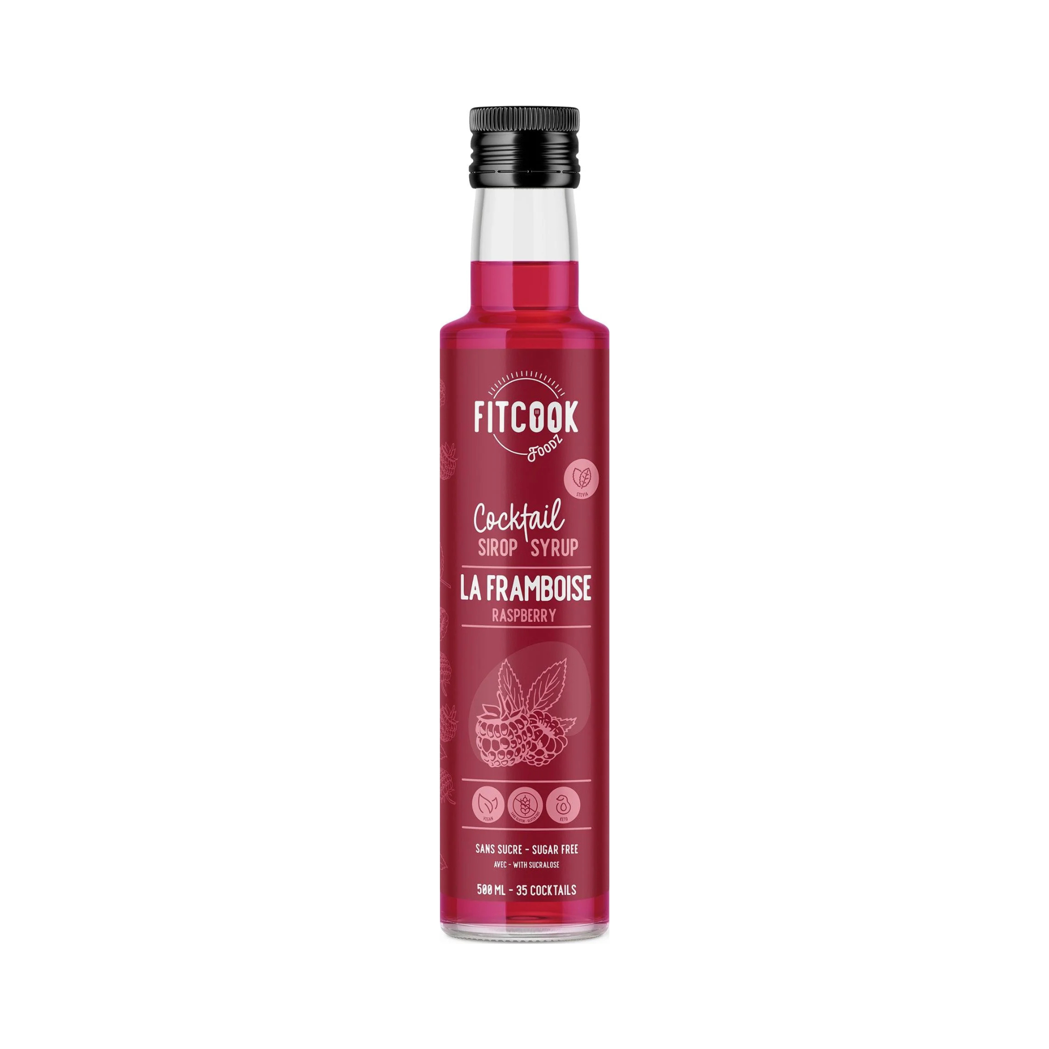 Sirop à cocktail sans sucre à la framboise 500 ml Le Fit Cook bouteille rose fruité