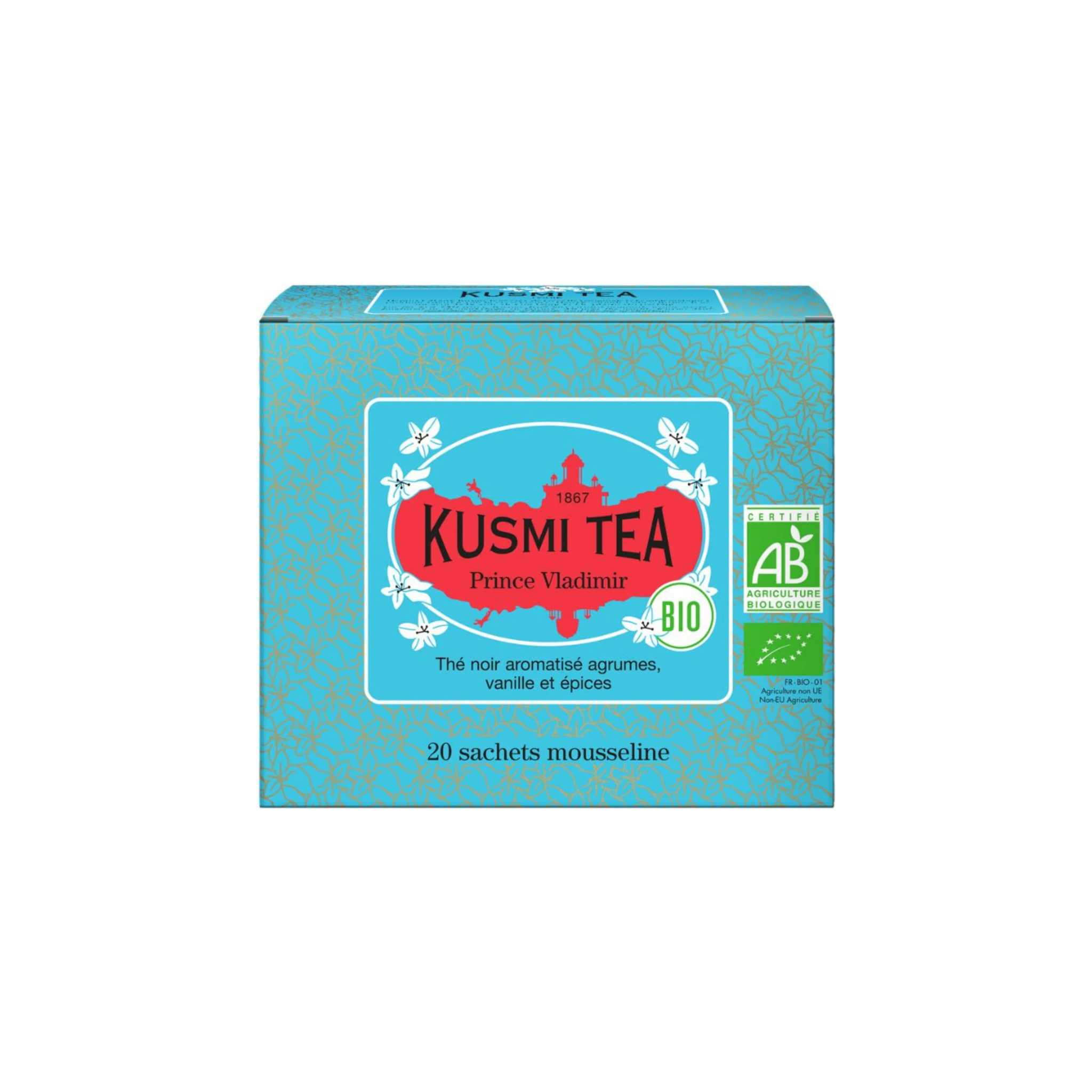 Ensemble de 20 sachets de thé noir bio Prince Vladimir Kusmi Tea avec notes vanille et agrumes