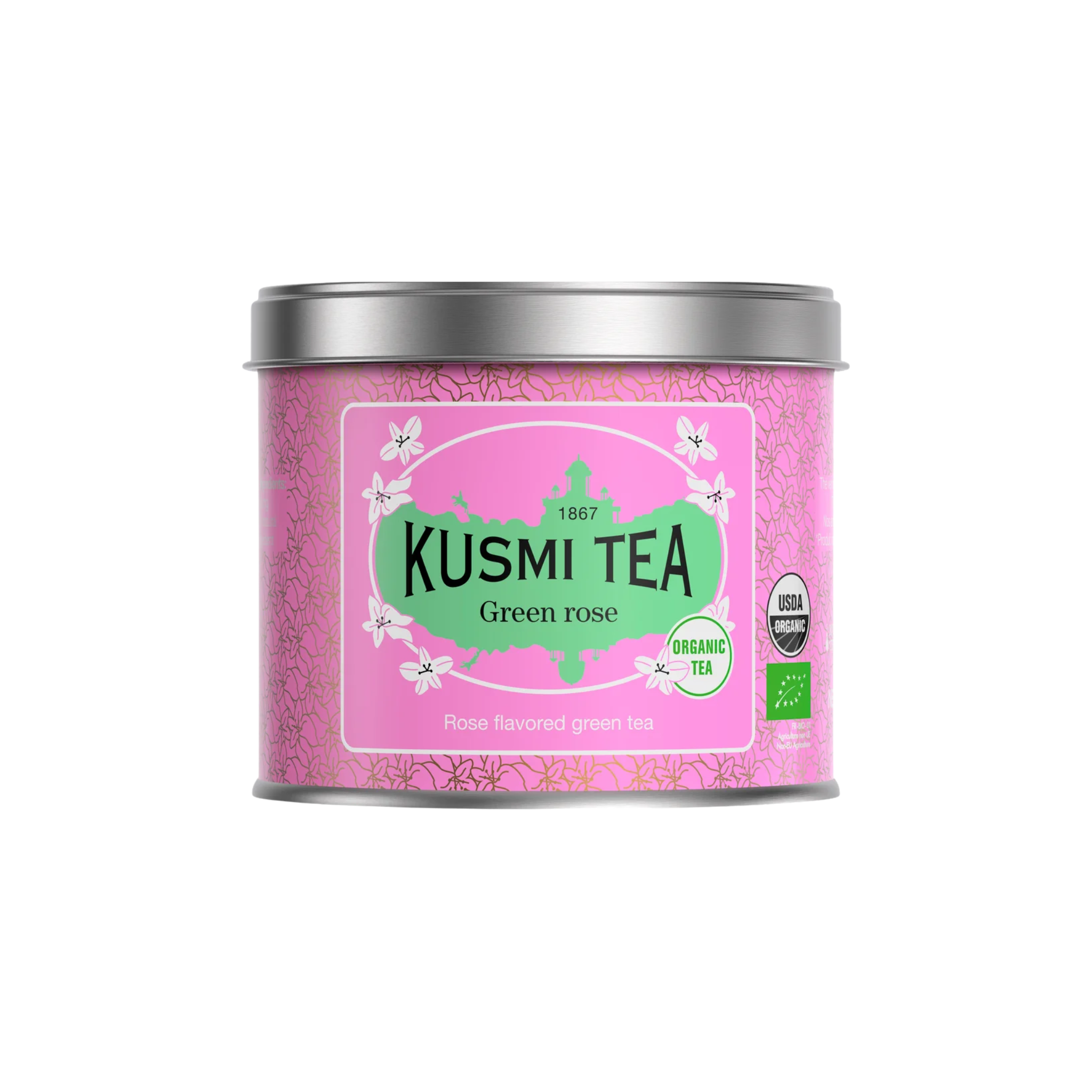 Paquet de thé vert bio à la rose Kusmi Tea 100 g avec parfum floral délicat