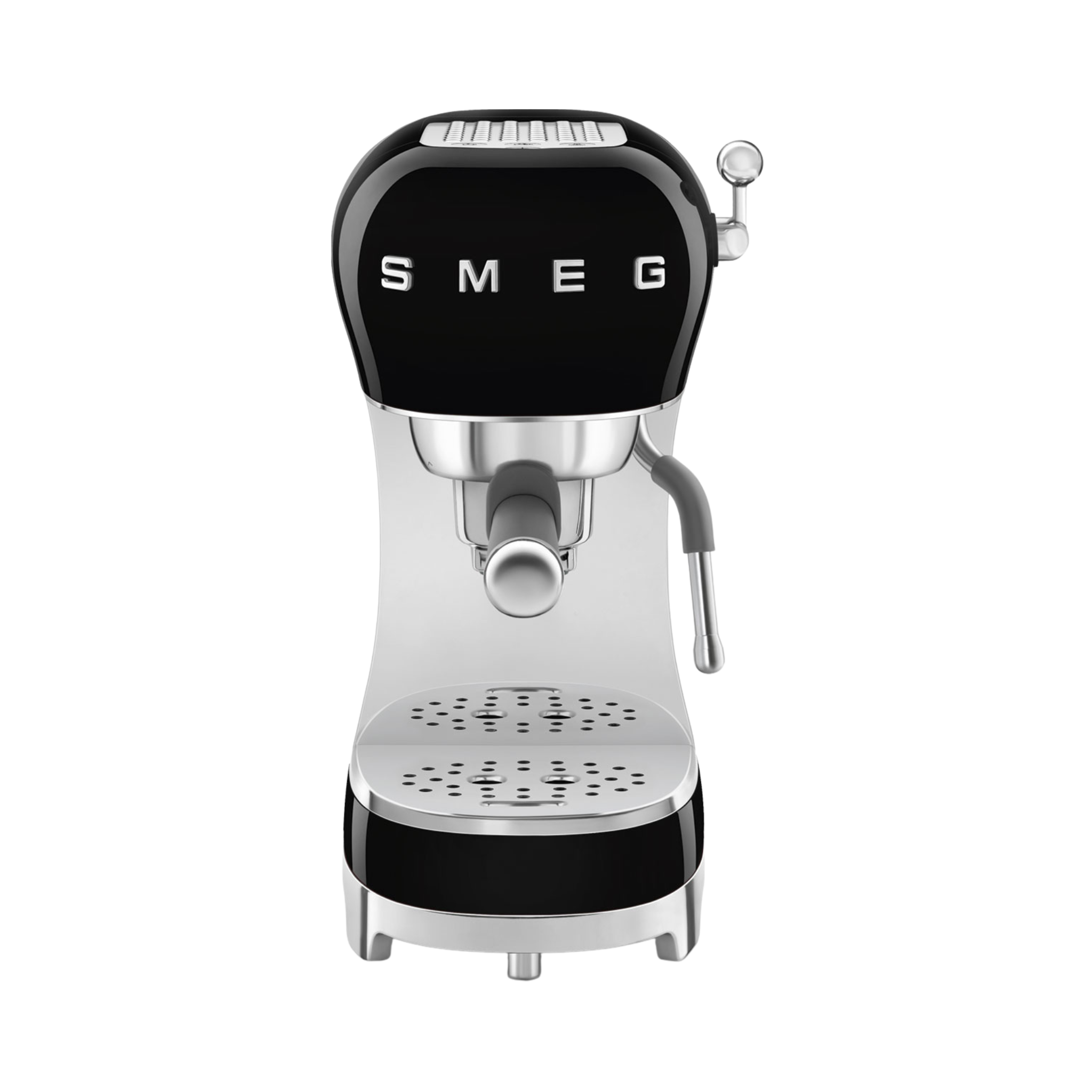 Machine à espresso manuelle rétro noire Smeg avec buse vapeur ajustable et pression 15 bars, design années 50.