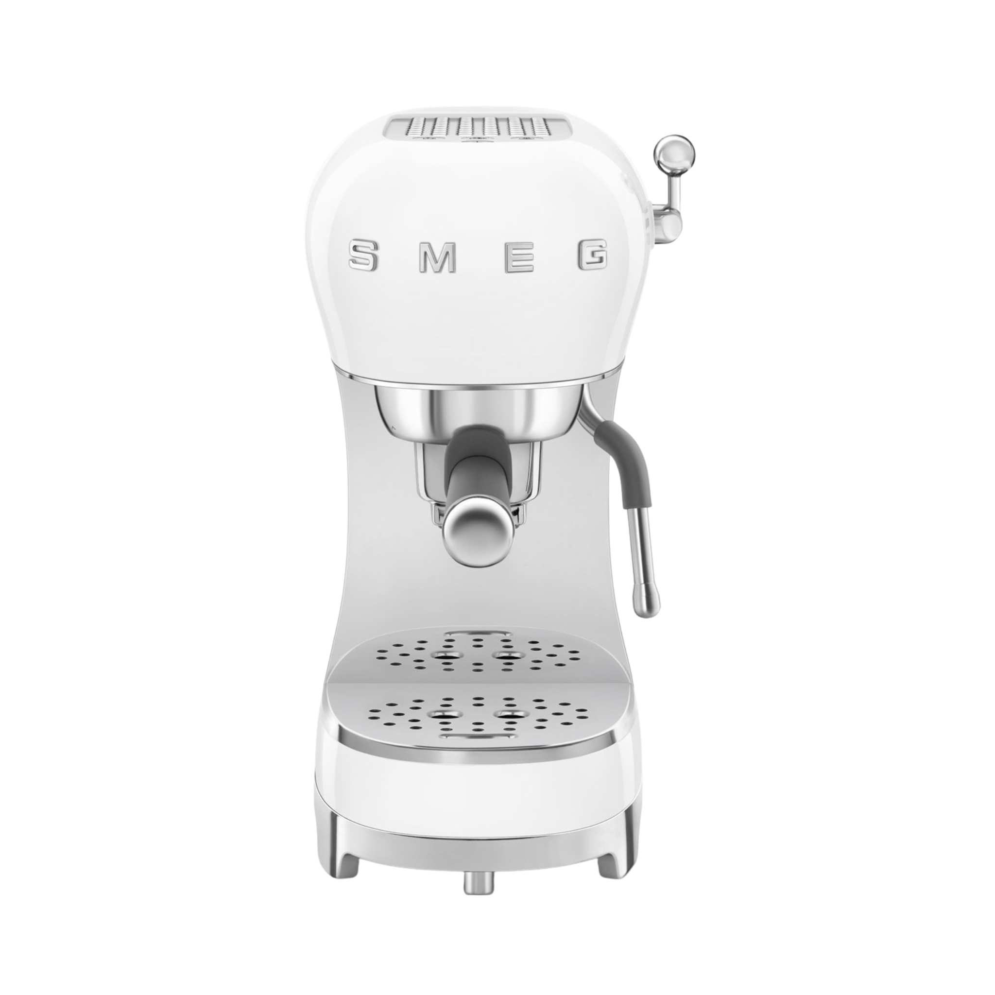 Machine à espresso manuelle rétro blanche Smeg au design années 50 avec buse vapeur et pression 15 bars