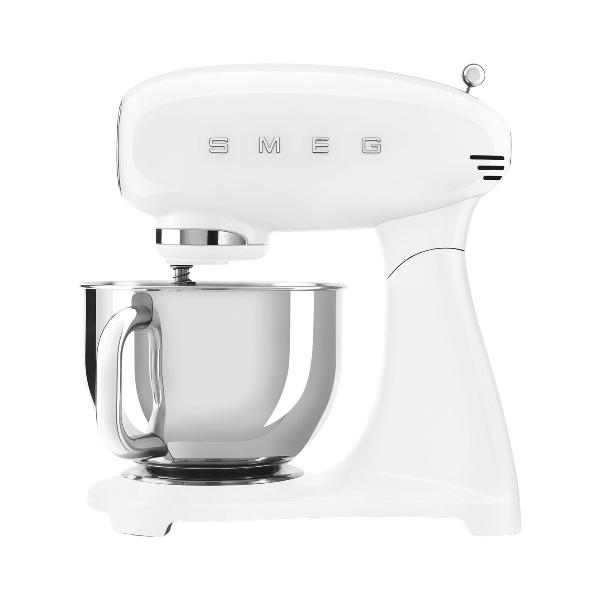 Batteur sur socle blanc 5 pintes Smeg design rétro années 50 avec accessoires et dix vitesses