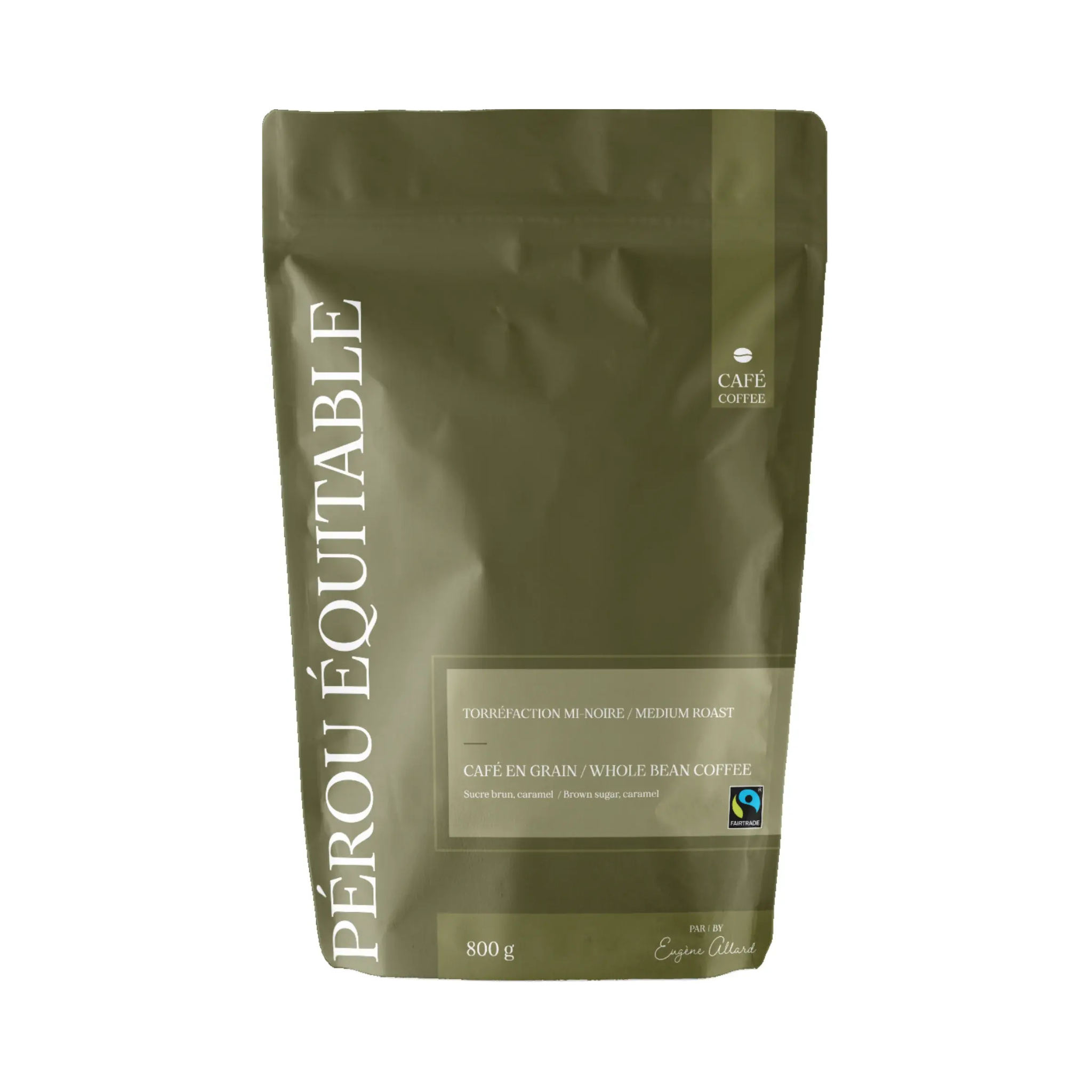 Paquet de 800 g de café en grains Pérou équitable Eugène Allard avec notes de caramel et sucre brun