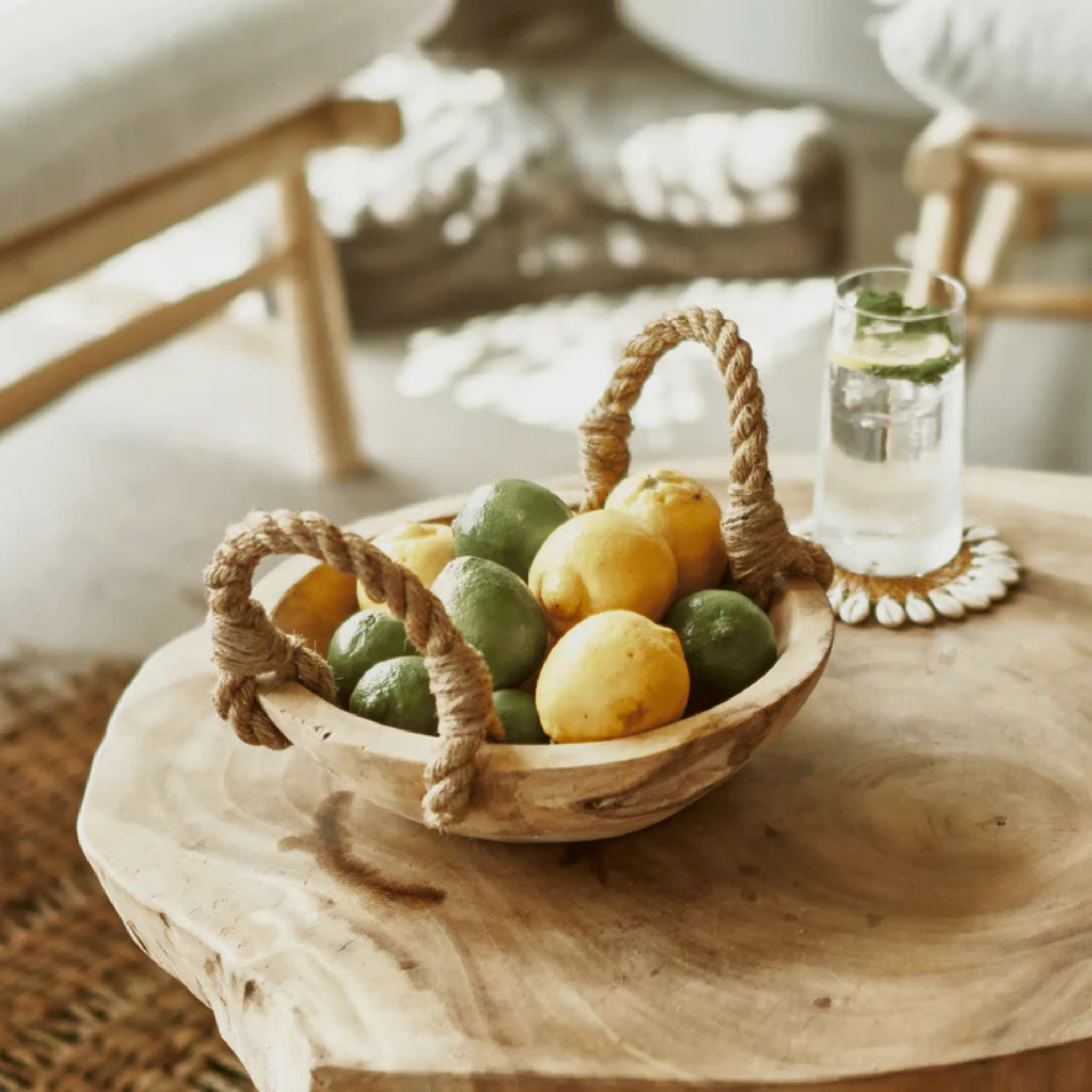 Grand bol en teck rustique et poignées en jute - Crusoë