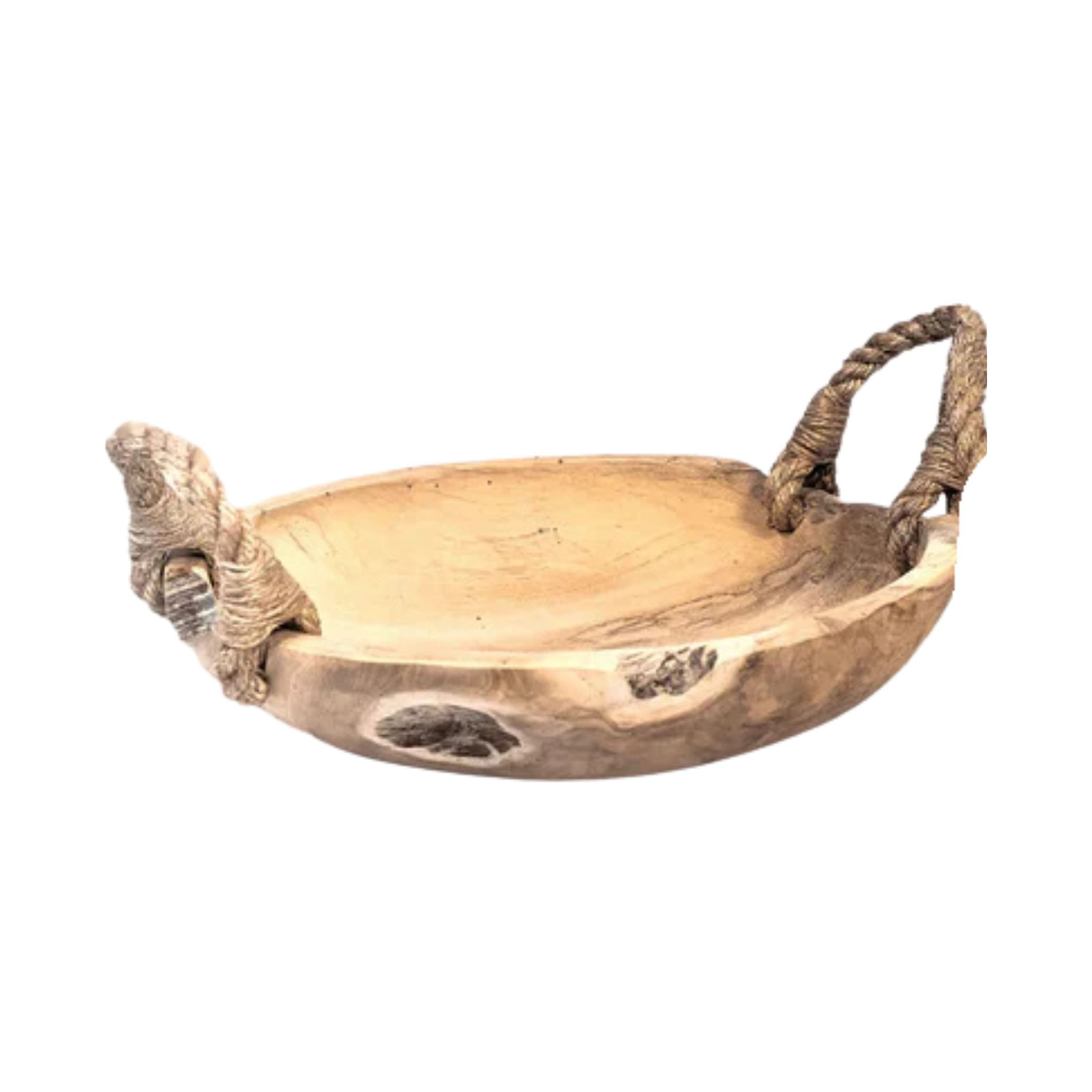 Grand bol en teck rustique avec poignées en jute pour repas et décoration