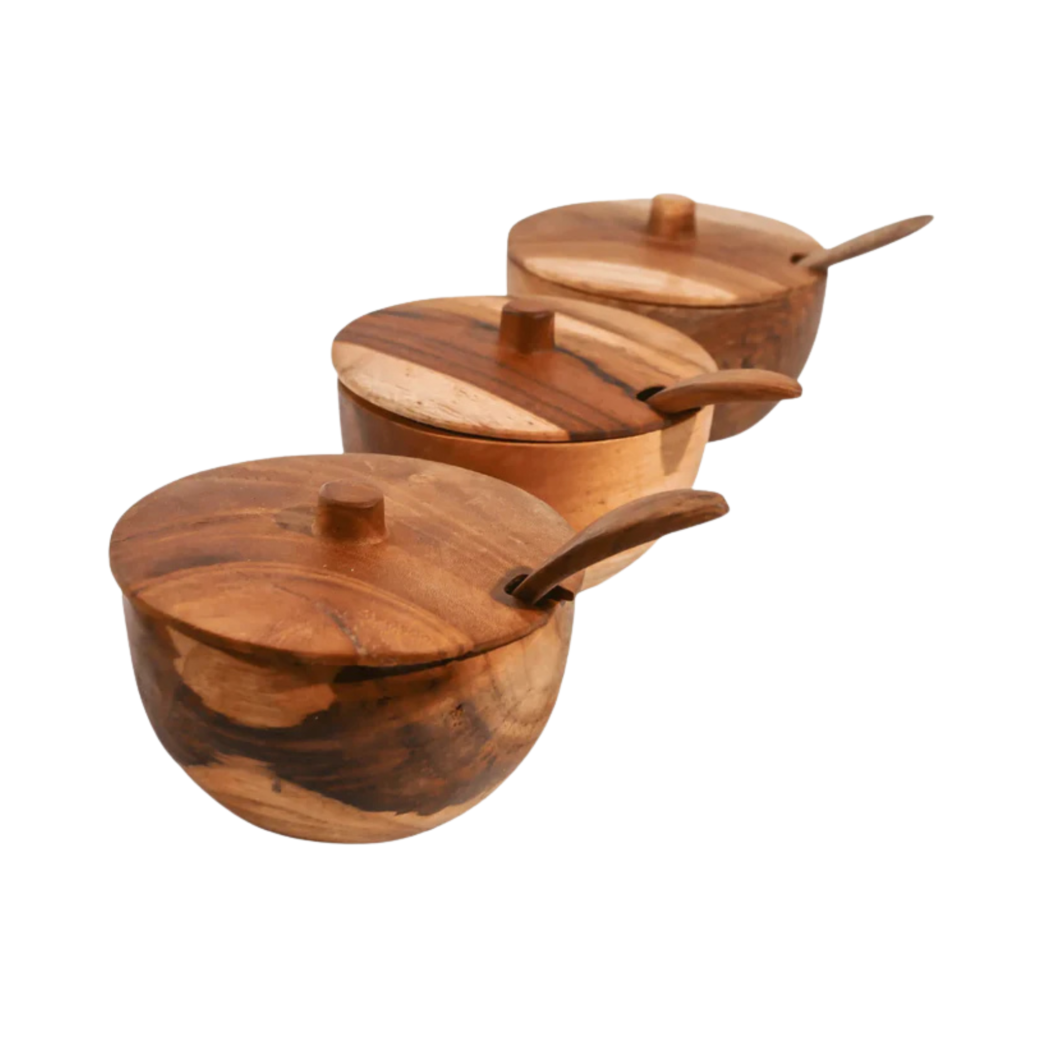 Ensemble de 3 pots à épices en bois de teck avec couvercles et cuillères assorties