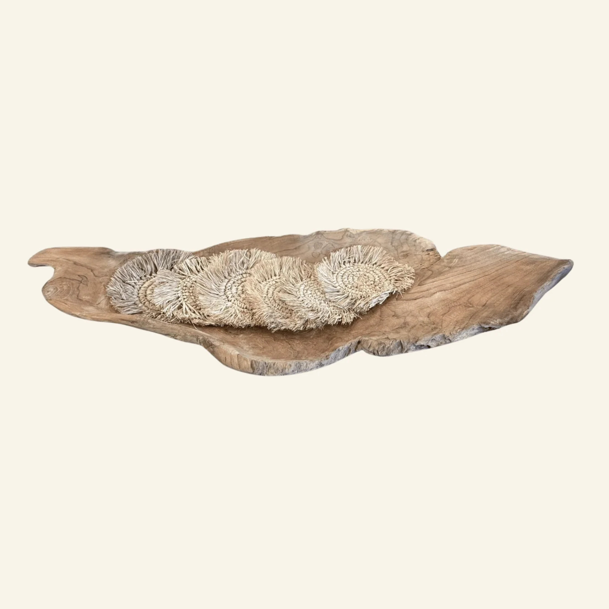 Grand centre de table en bois de teck naturel et élégant pour décoration d'intérieur