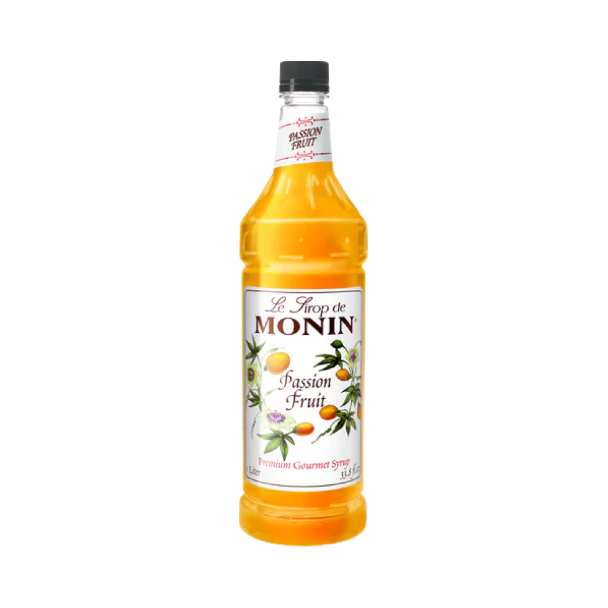 Bouteille de sirop fruit de la passion Monin 1L avec étiquette exotique et fond tropical