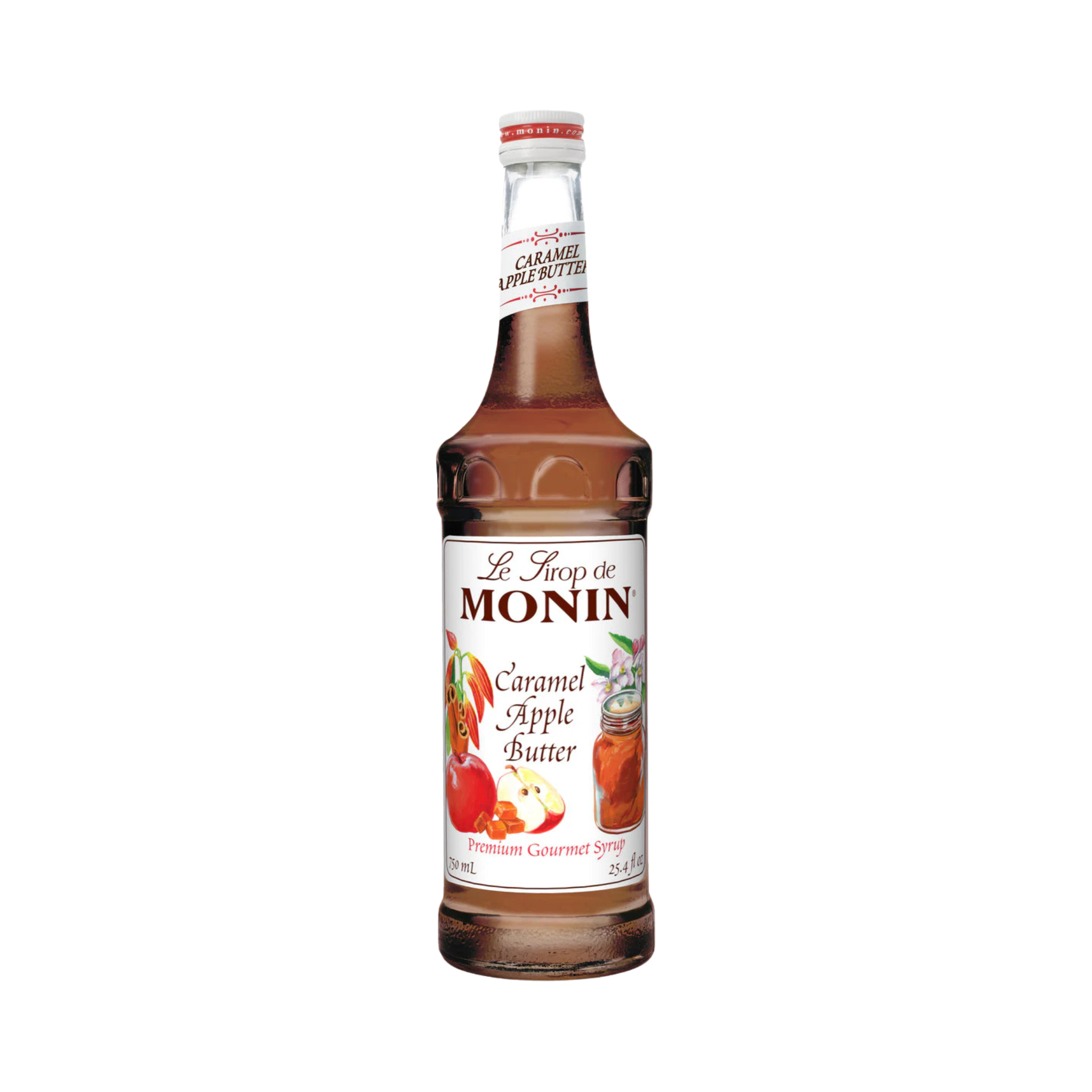 Bouteille de sirop caramel beurre de pomme Monin 750 ml avec pomme cuite et cannelle pour boissons automnales