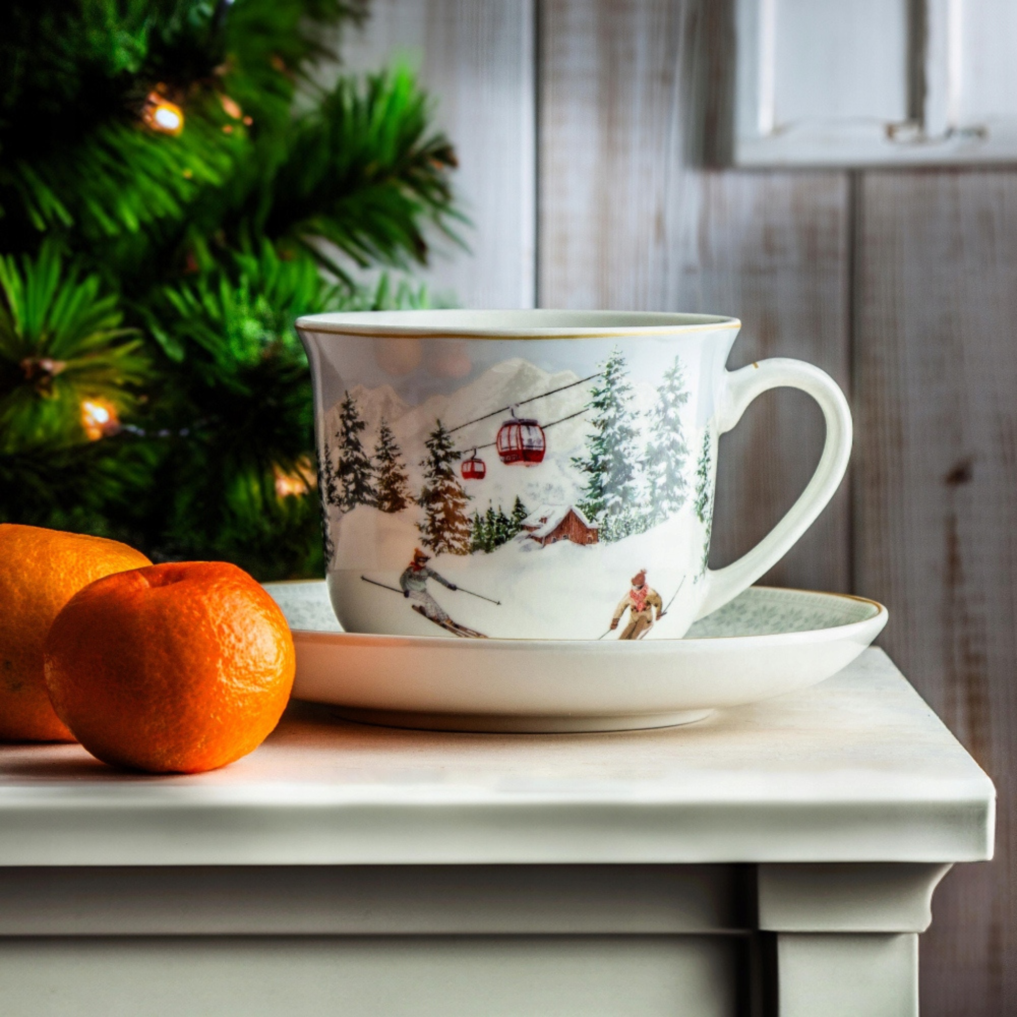 Tasse en porcelaine avec soucoupe skieurs 400 ml