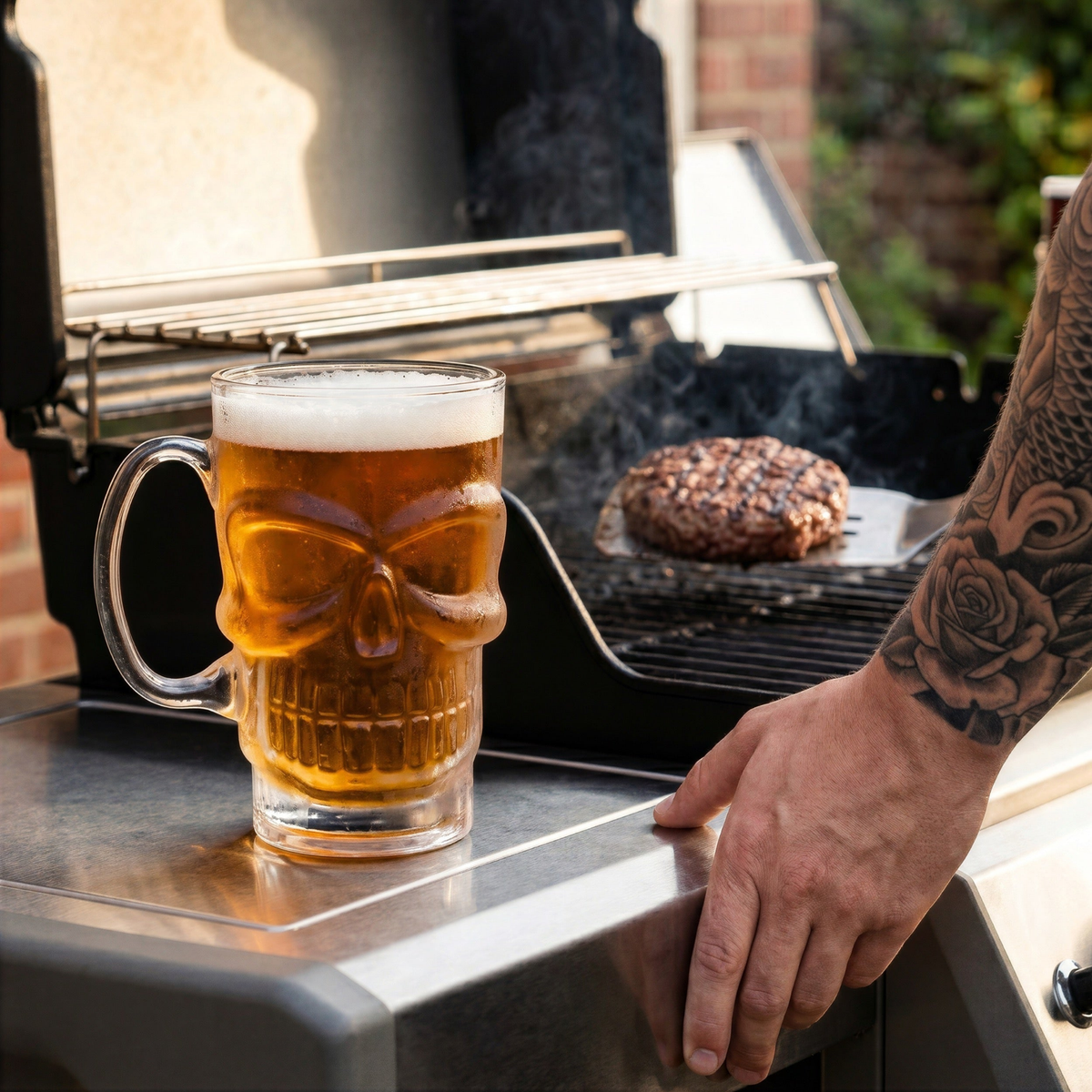 Chope à bière crâne Brain Freeze en situation près du barbecue
