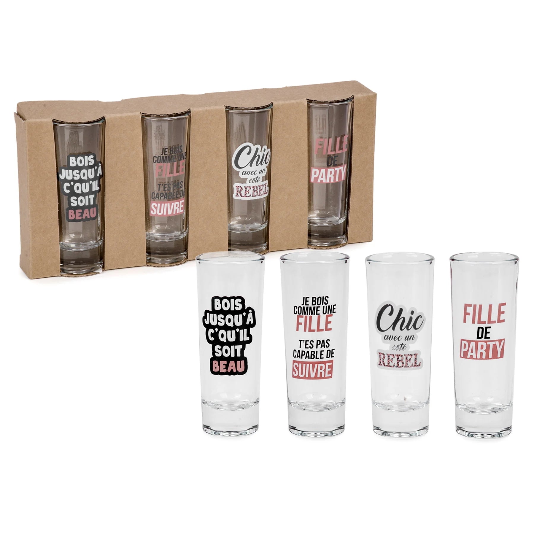 Ensemble de 4 verres à shooter avec messages