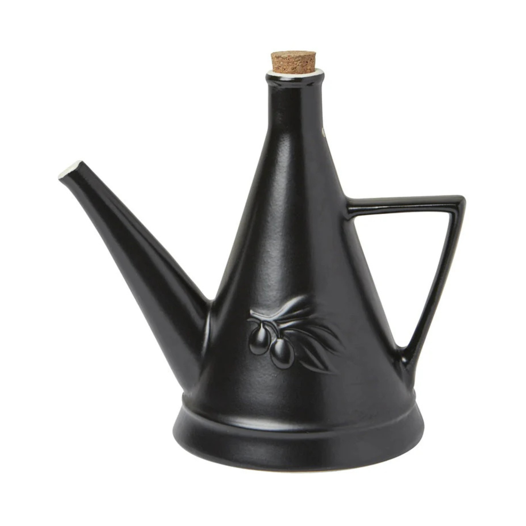Black stoneware oil cruet with cork stopper, 355 ml