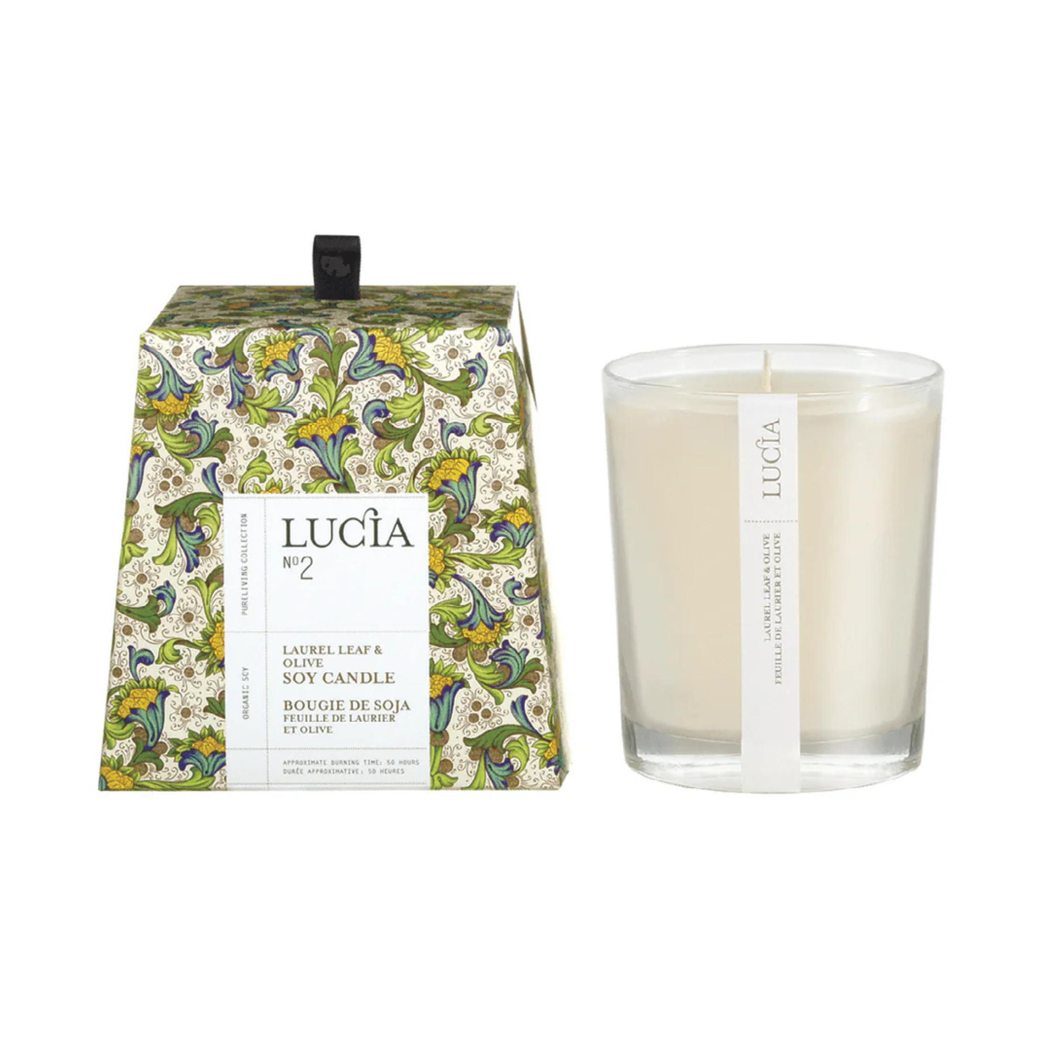 Chandelle votive soja bio feuille de laurier et olive 50 h – Lucia 