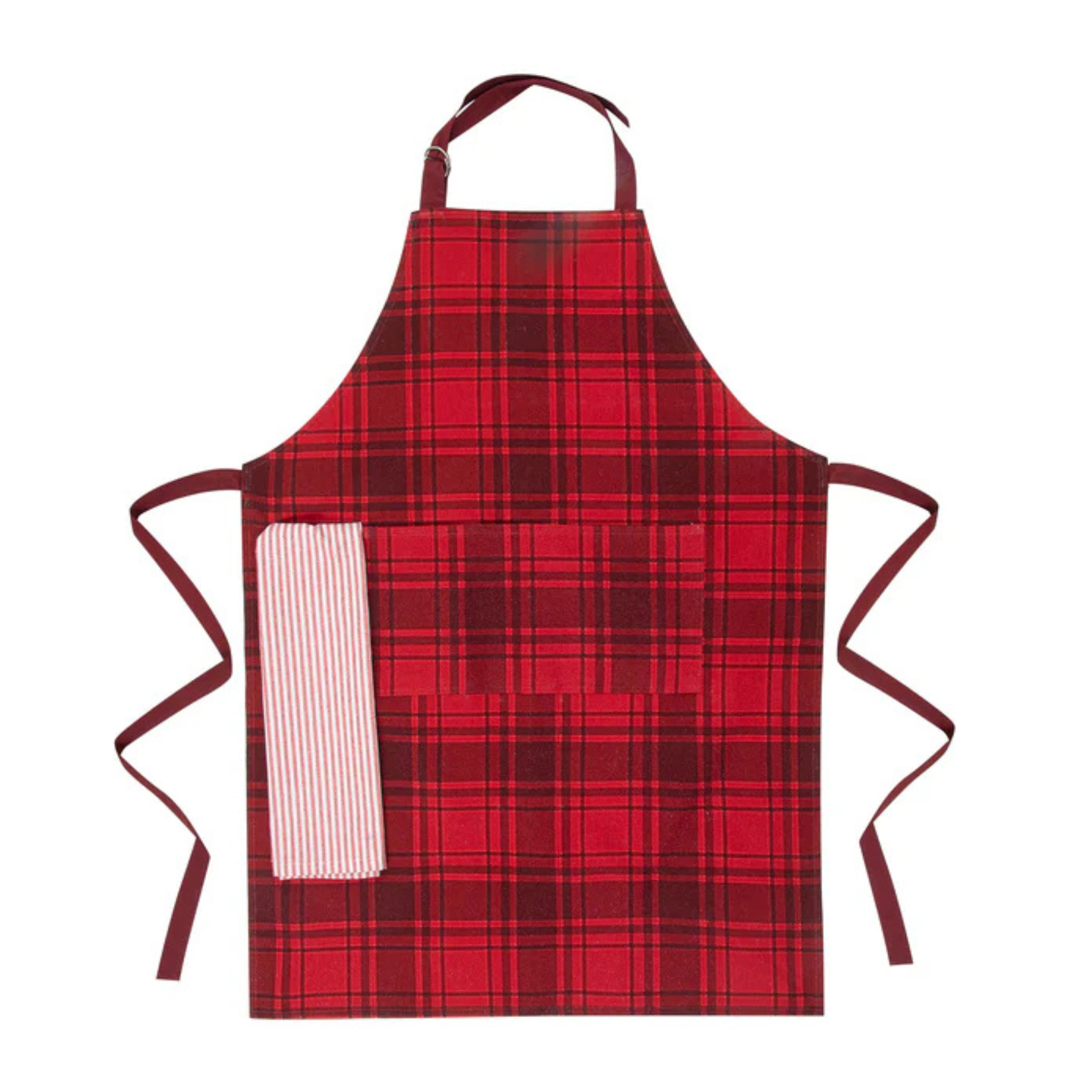 Ensemble tablier à motif tartan rouge et serviette de cuisine