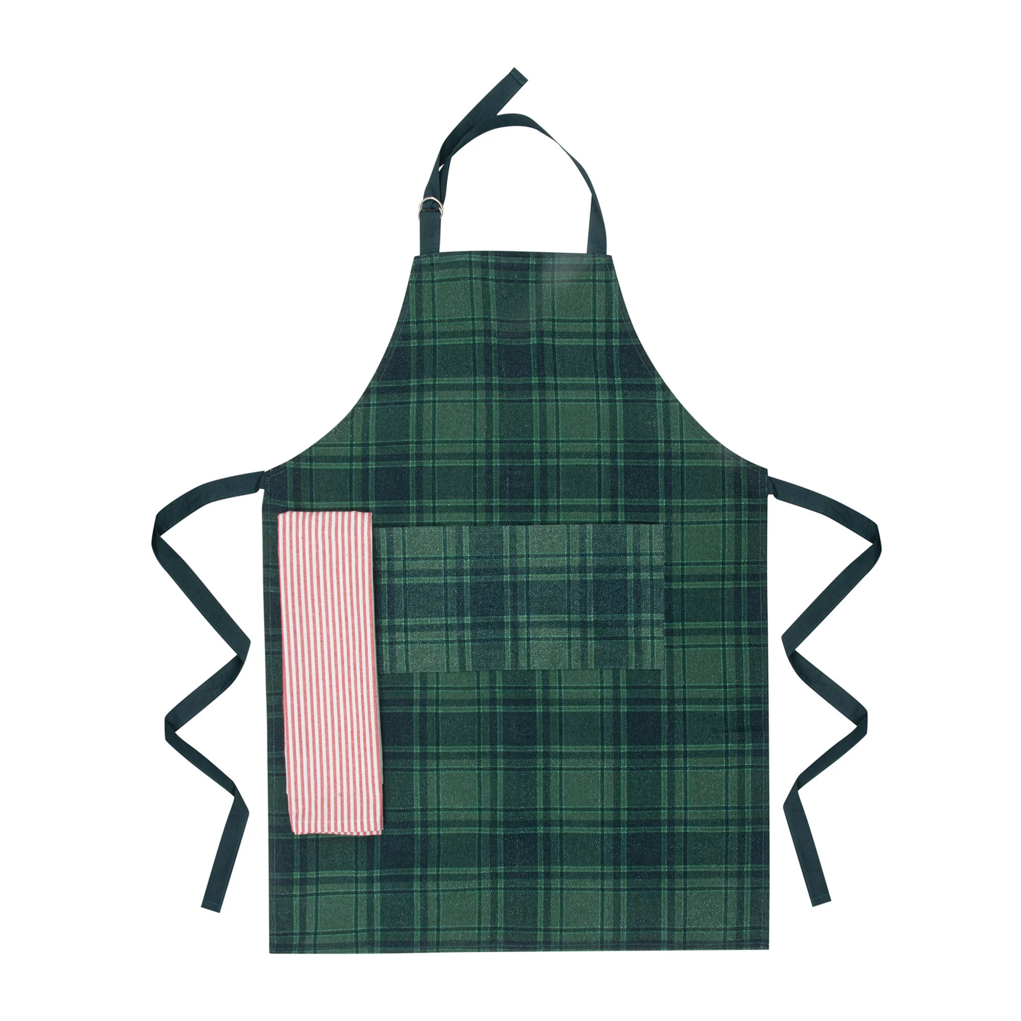 Ensemble tablier à motif tartan vert et serviette de cuisine