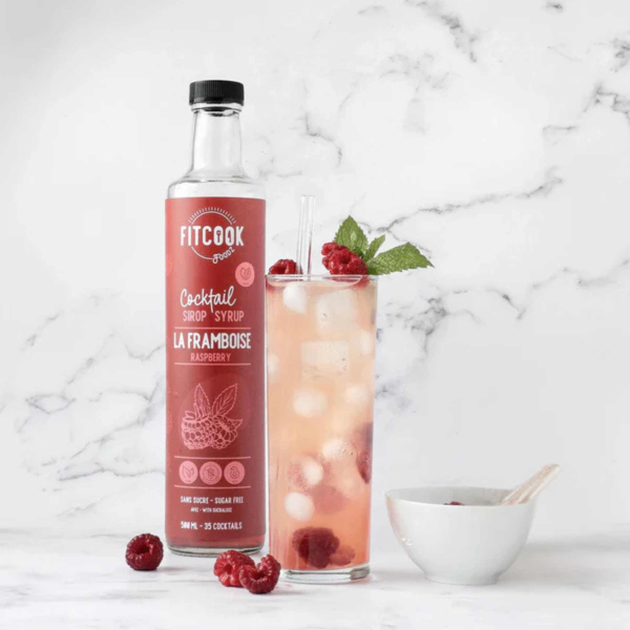 Sirop à cocktail sans sucre à la framboise 500 ml Le Fit Cook bouteille rose aux fruits