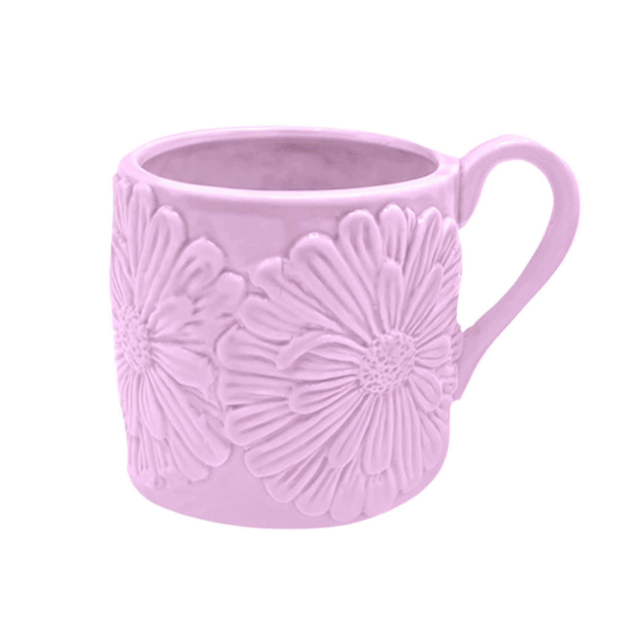 tasse en céramique florale rose vue complète relief fleurs
