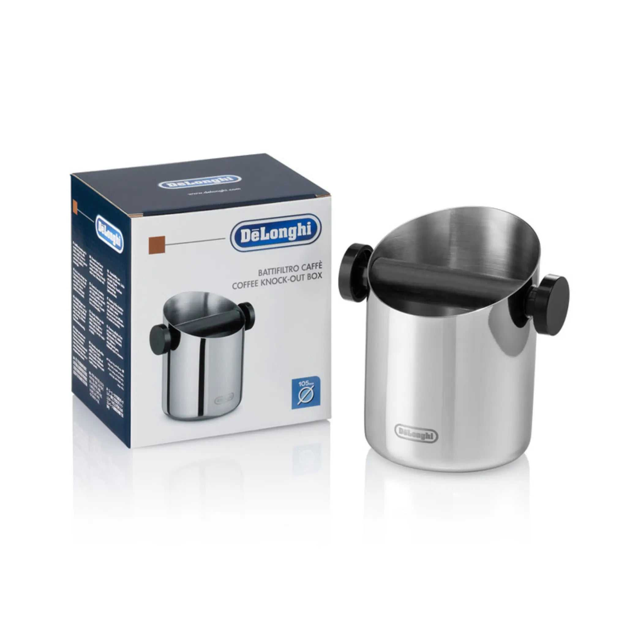 Bac à marc en acier inoxydable 105 mm De’Longhi avec base antidérapante et poignées en plastique, finition miroir durable