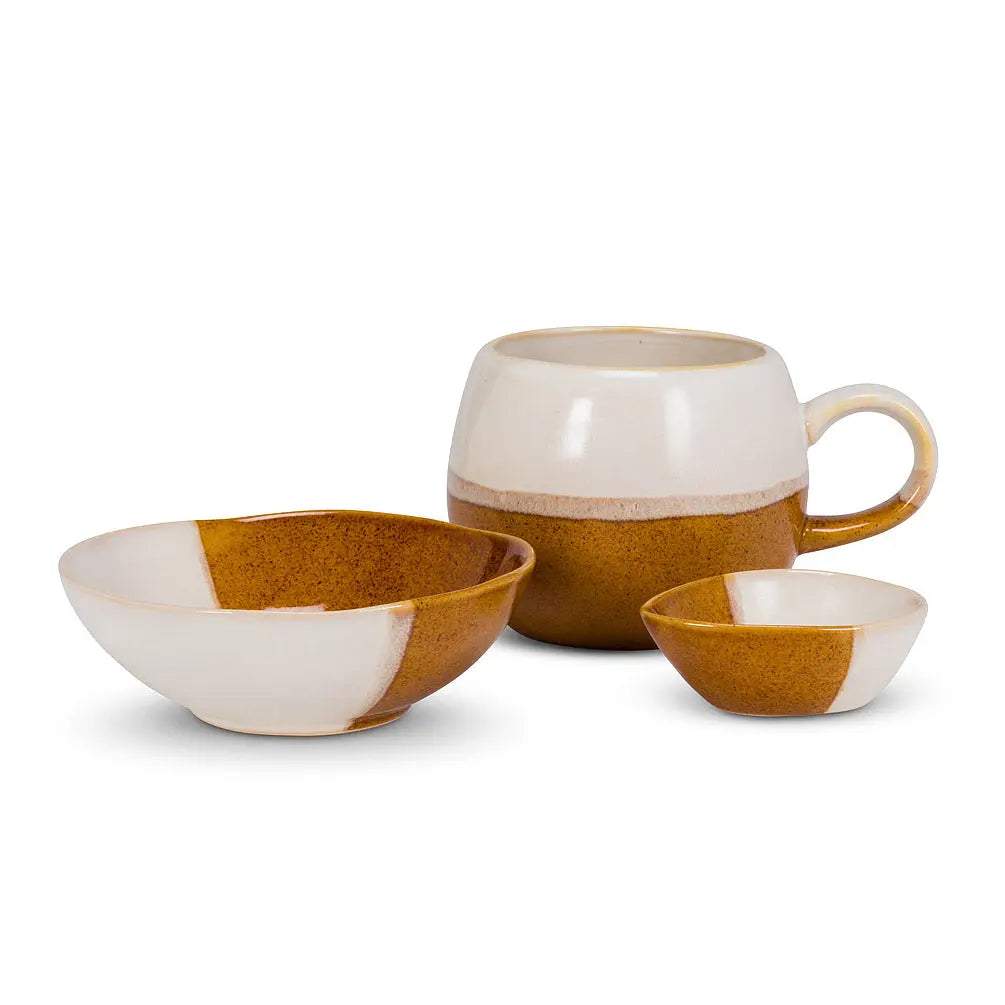 Bol bicolore en grès blanc et marron avec style rustique, ensemble bol, tasse et petit bol.