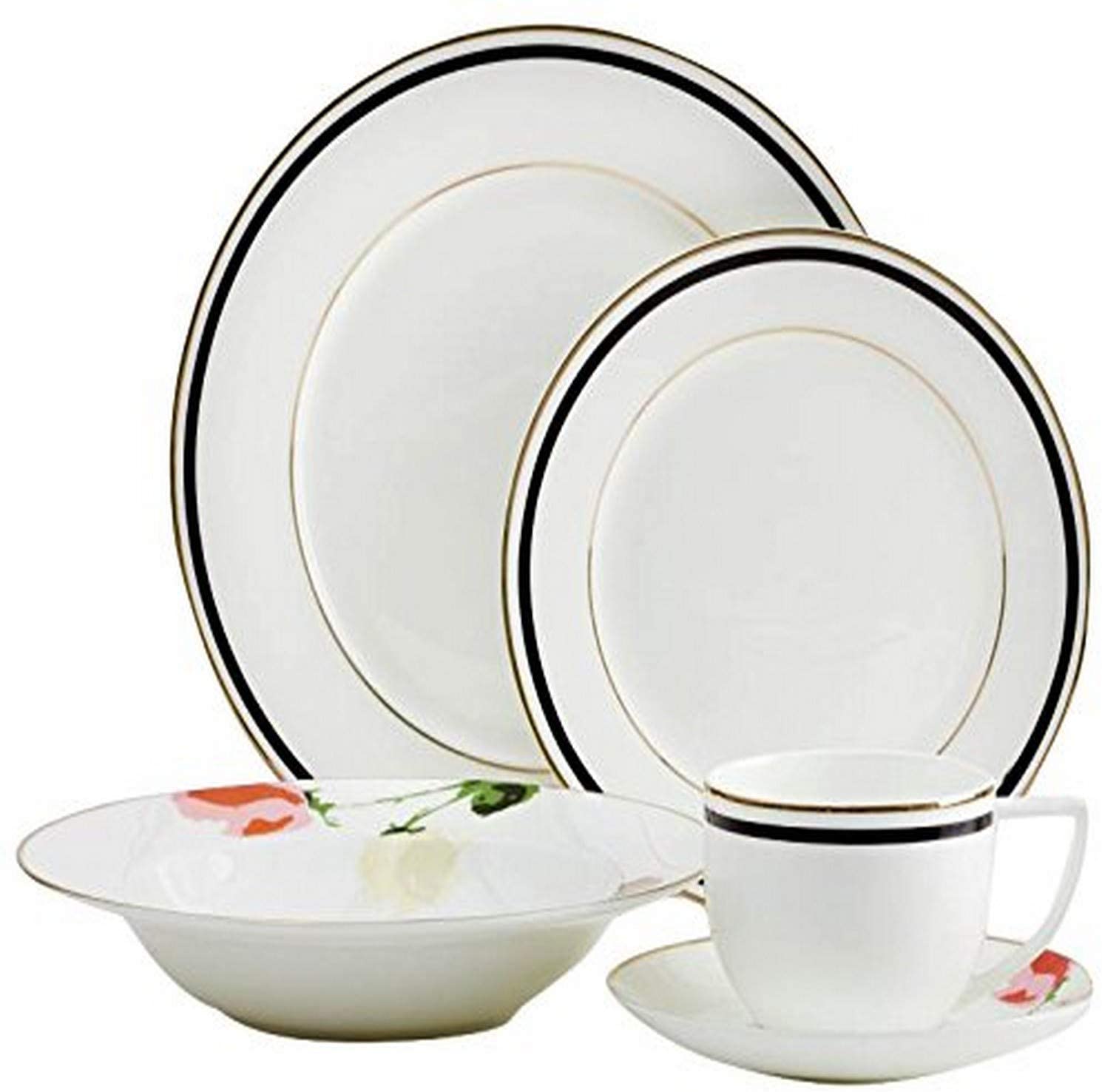 Ensemble de vaisselle blanc avec bordure noir/doré 20 pièces