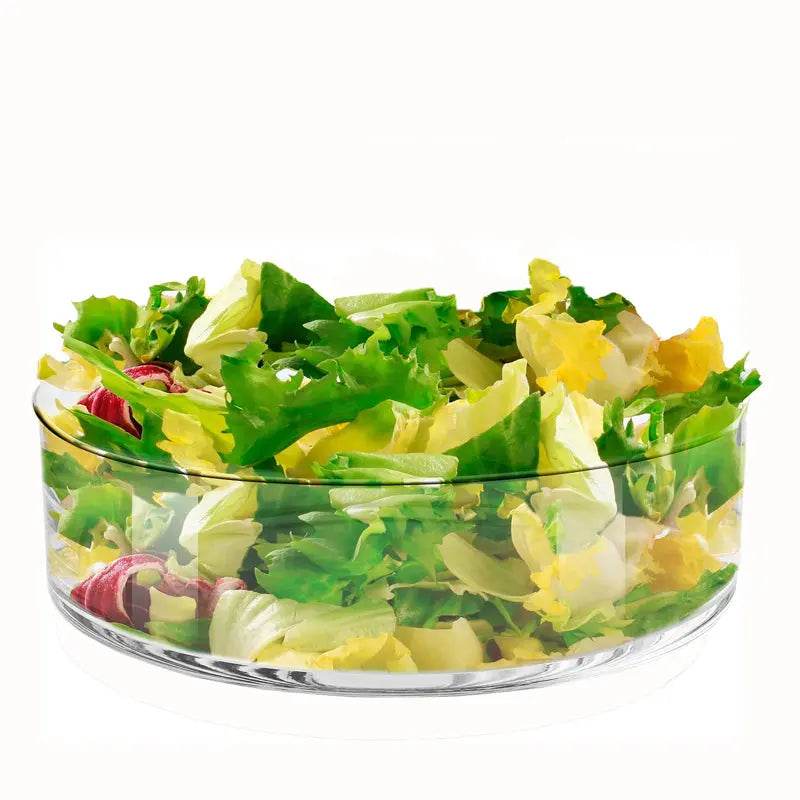 Bol à salade en verre transparent 30 cm peu profond avec salade fraîche colorée