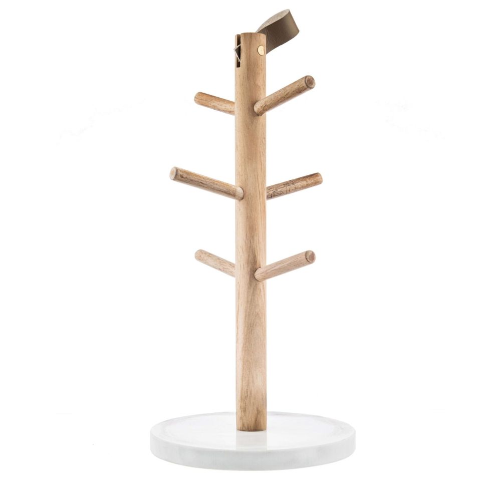 Arbre support à tasses en Acacia naturel et pied en marbre