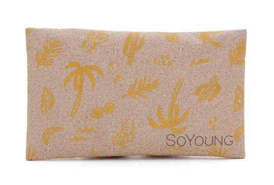 Sac à glace beige avec motifs de palmiers jaunes de la collection Sunkissed, tissu en polyester, lavable et sans condensation.